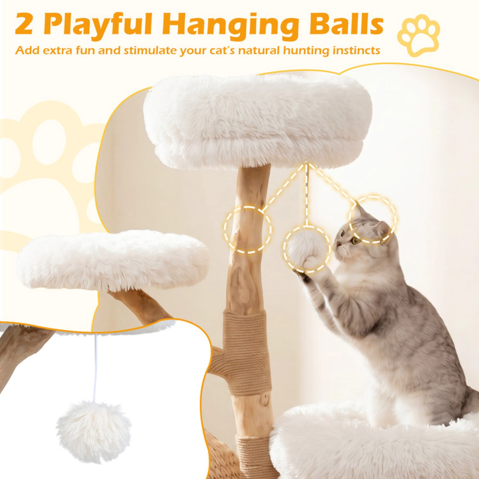 SUGIFT 52.76-in White 5-Tier Wooden Cat Tree with Hand-Woven Cattail Condo Pear Wood Posts and Perches