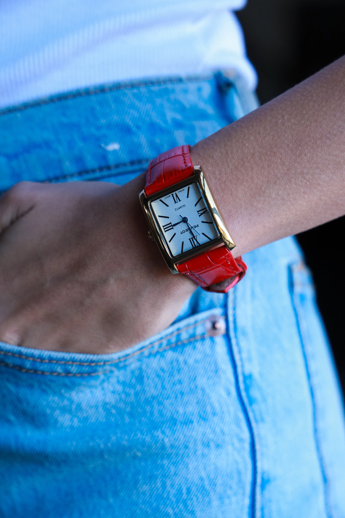 Peugeot Women's Tank Watch Roman Dial Red Leather Strap