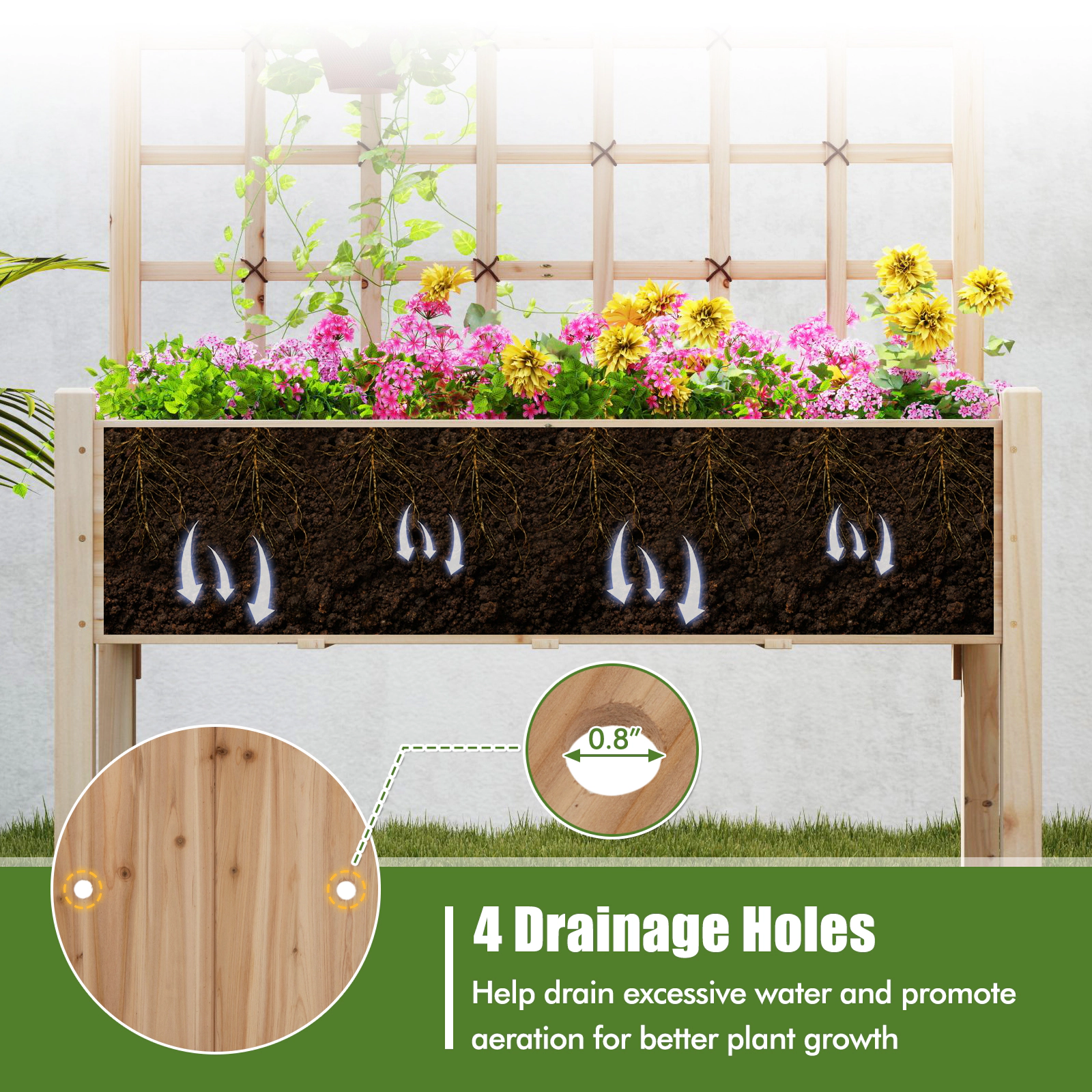 SlickBlue Fir Wood Raised Garden Bed with Trellis and Elevated Planter Box