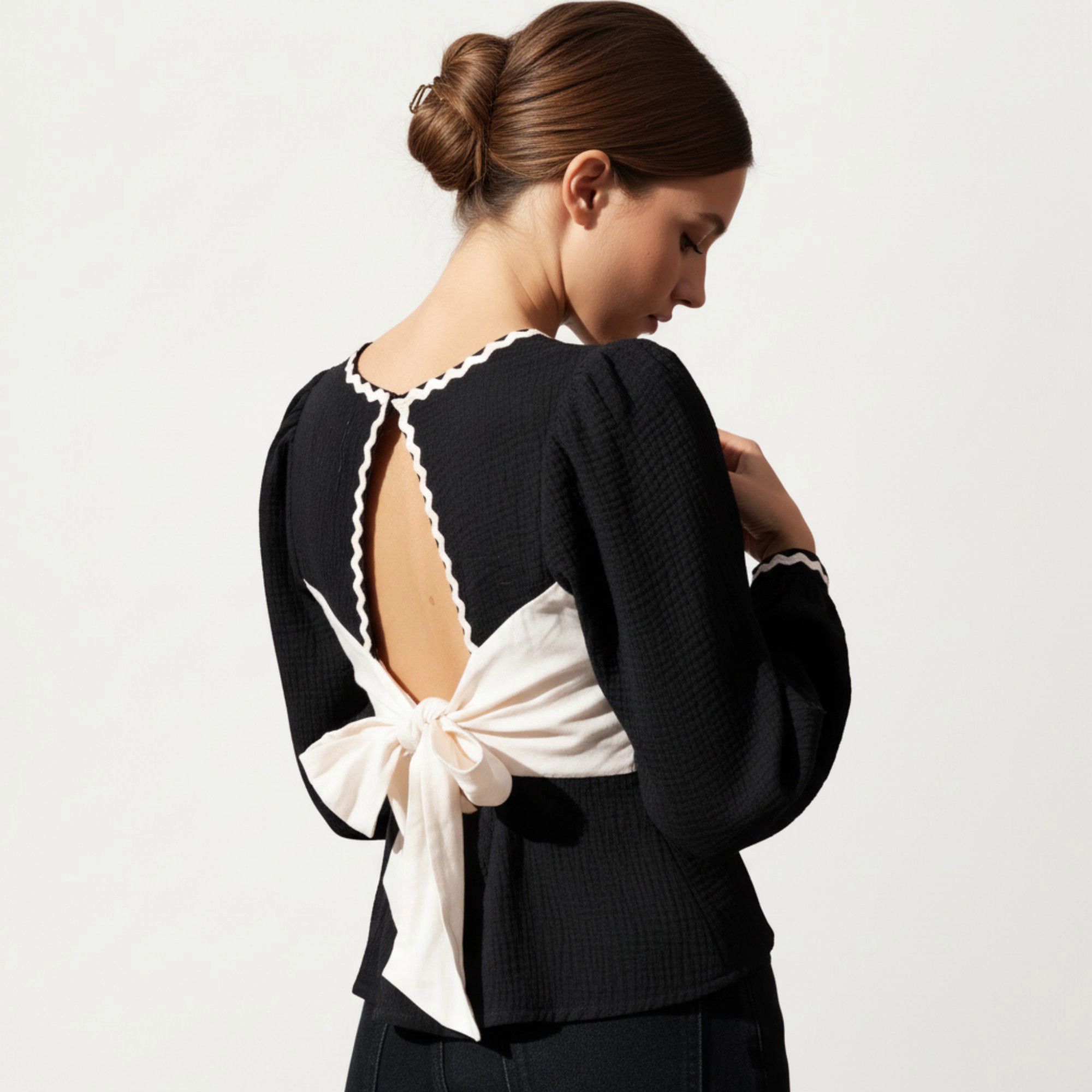 Anna-Kaci Women's Long Sleeve Textured Peplum Top with Contrast Trim Accents Statement Bow Detail