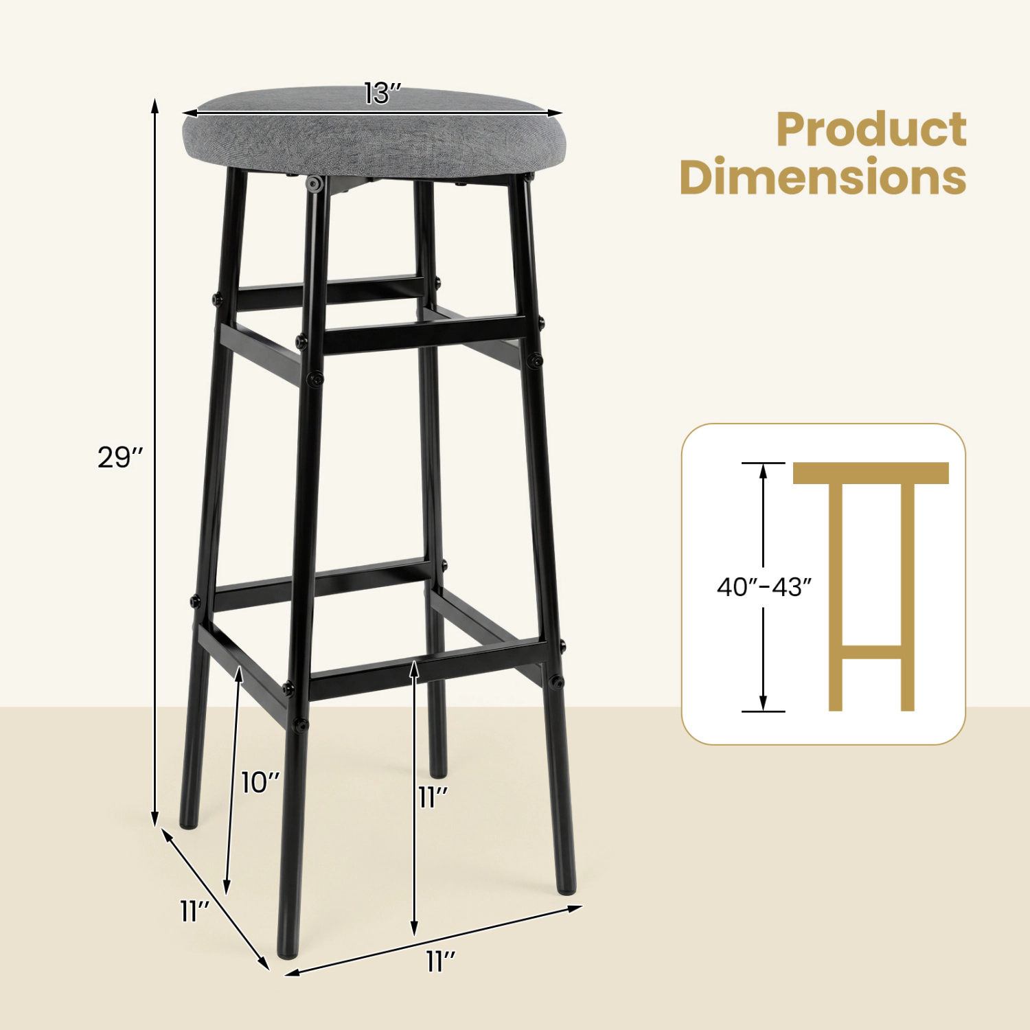 Glintex 2-Piece 29-Inch Round Backless Bar Stool Set with Metal Frame