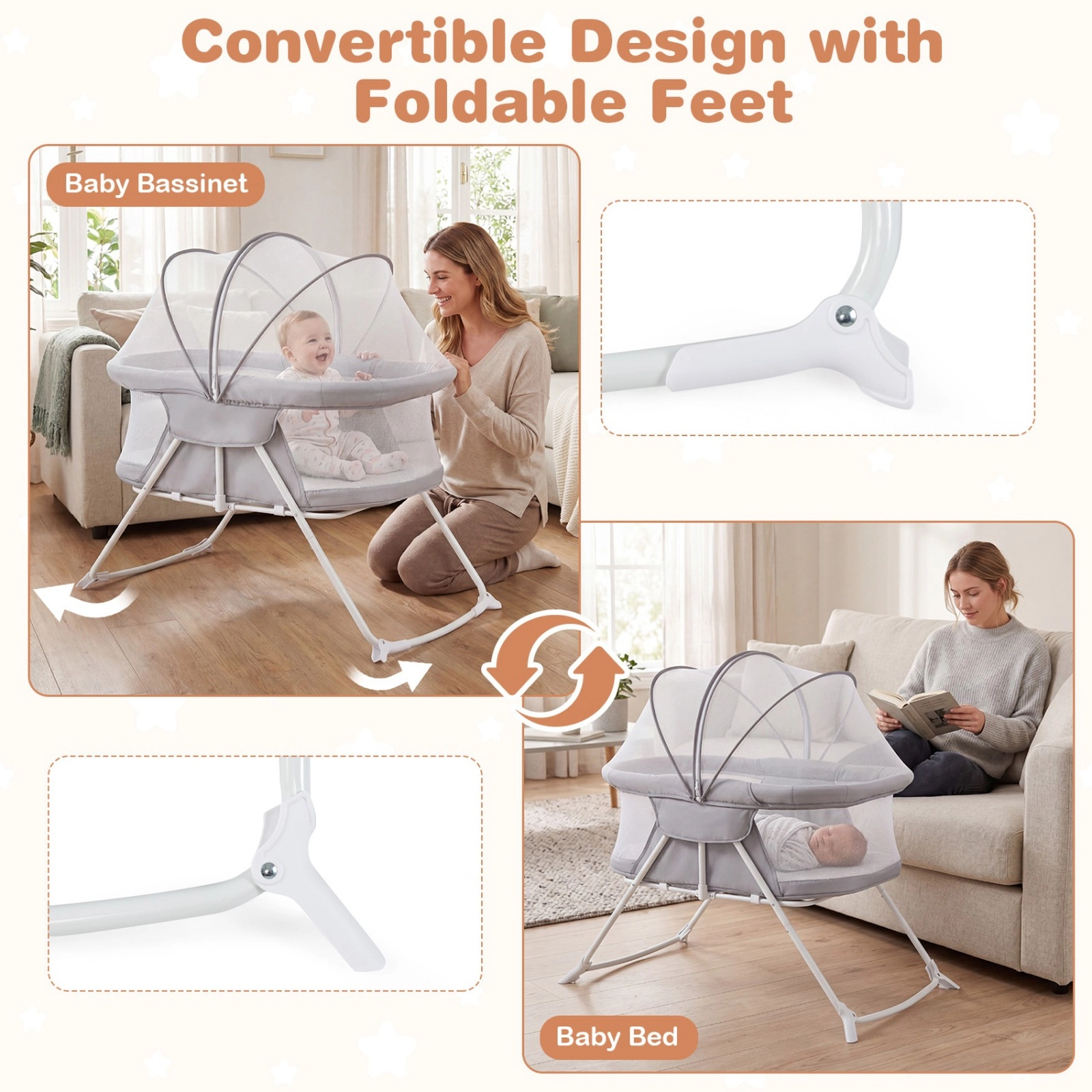 SUGIFT 2-in-1 Rocking & Stationary Bassinet Foldable Bedside Sleeper 66-lb Capacity Ages 0-5 Months Black/Gray/Beige