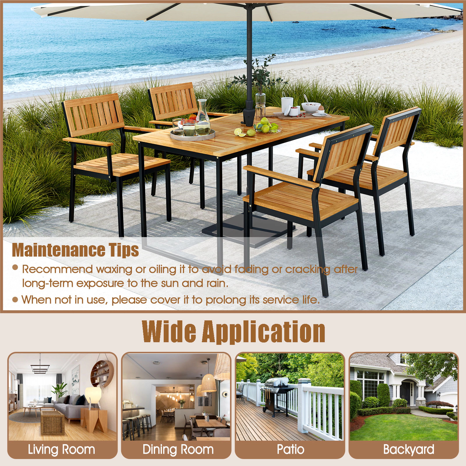 SUGIFT Solid Acacia Wood and Metal Patio Outdoor Dining Chair Set of 2 400-lb Capacity 22.5-in Wide Seat Natural+Black
