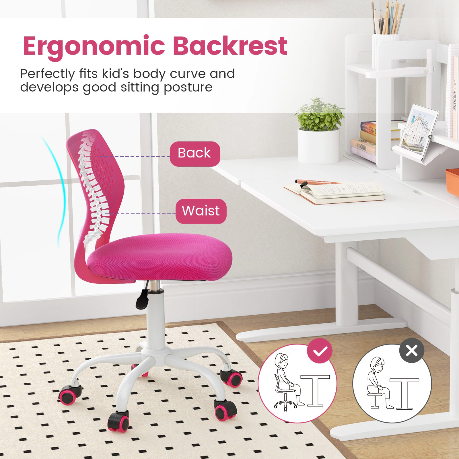 SUGIFT Pink Breathable Mesh Back and Adjustable Seat Ergonomic Kids Study Chair