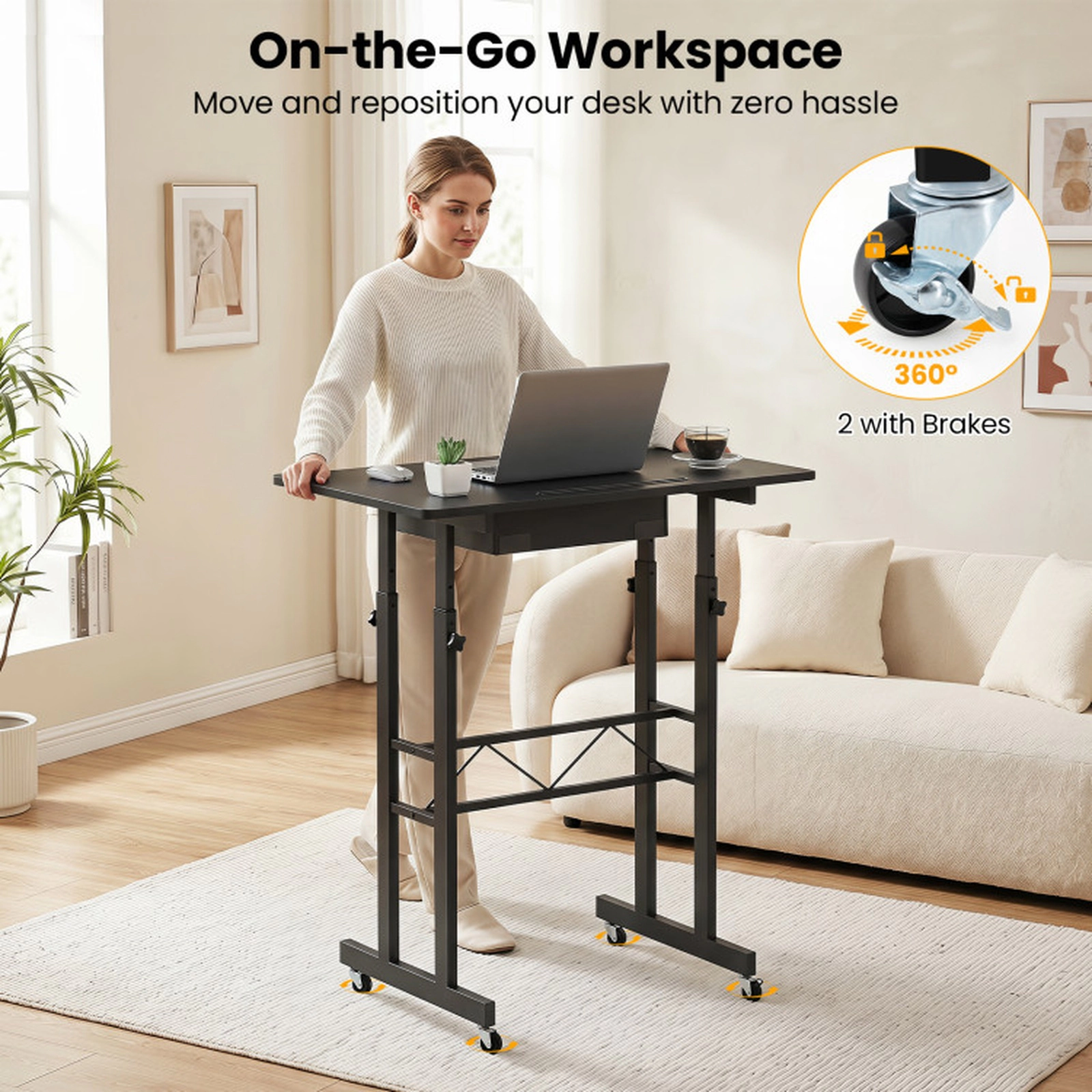 SUGIFT Height Adjustable Laptop Desk with Fabric Drawer Tablet Holder 45-lb Tabletop Capacity Black