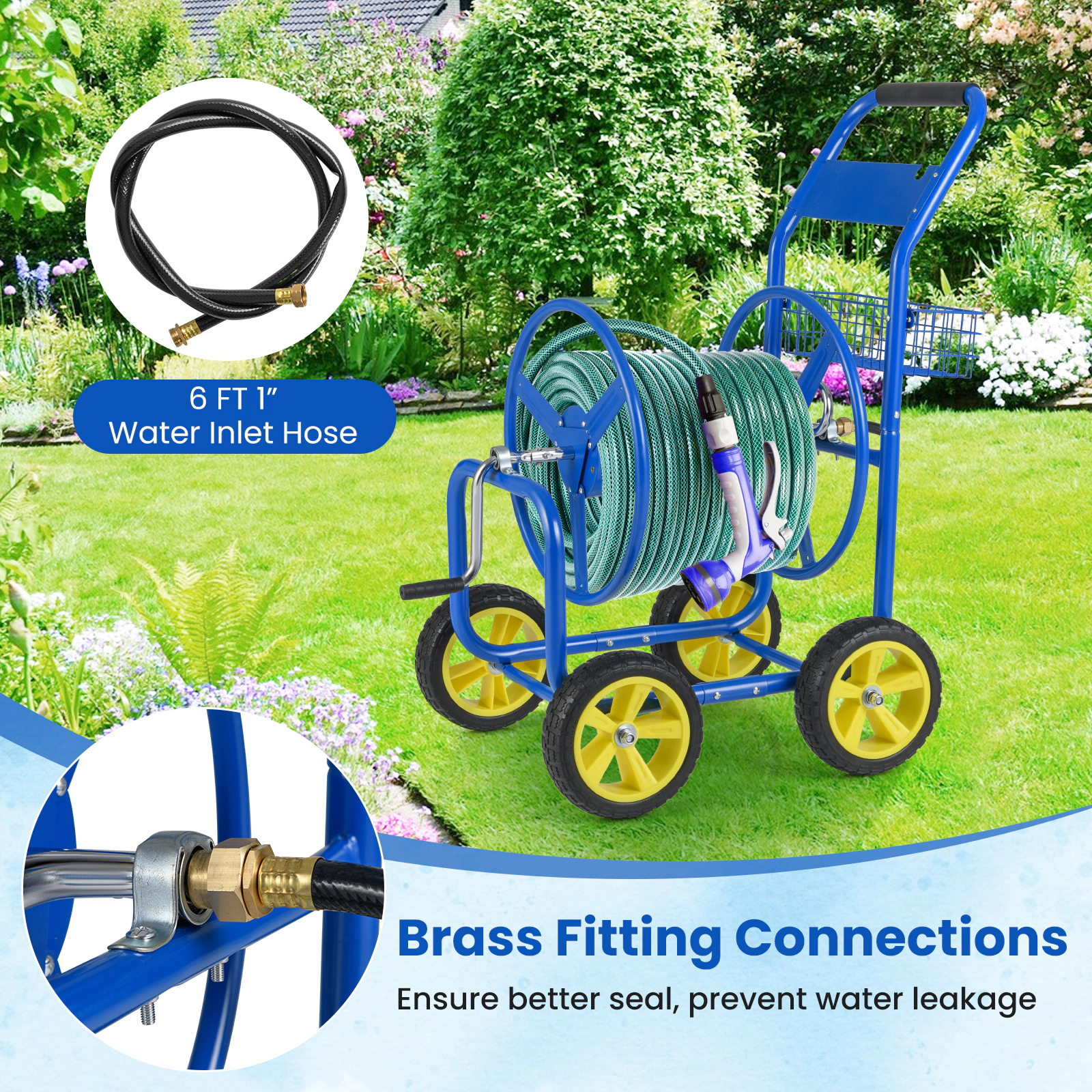 SUGIFT Garden Hose Reel Cart Metal Organizer with 4 Wheels and Storage Basket