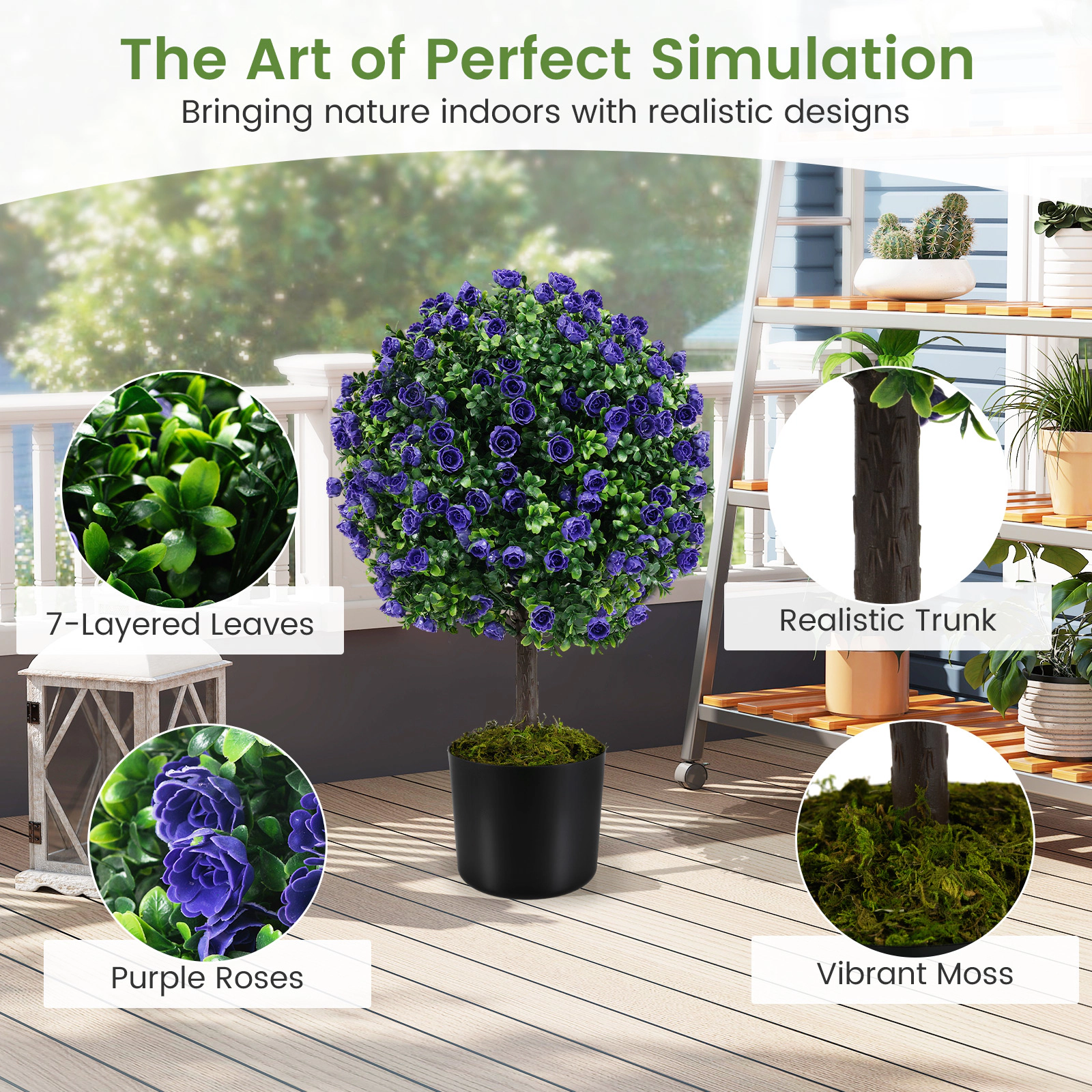 Slickblue 2 Pieces Artificial Rose Topiary Ball Trees with Purple Flowers for Indoor and Outdoor