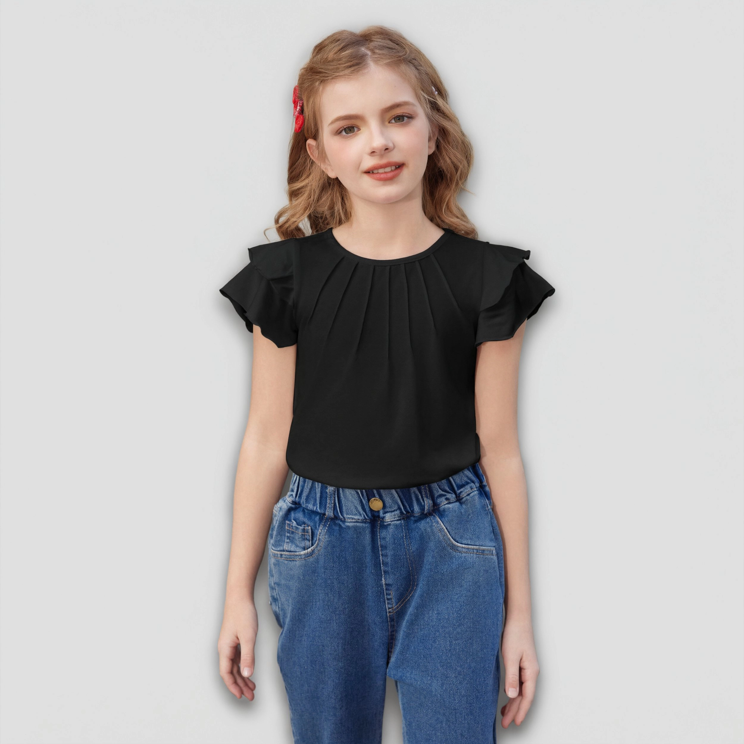 Arshiner Girl's Crewneck Pleated Ruffle Short Sleeve T-Shirt