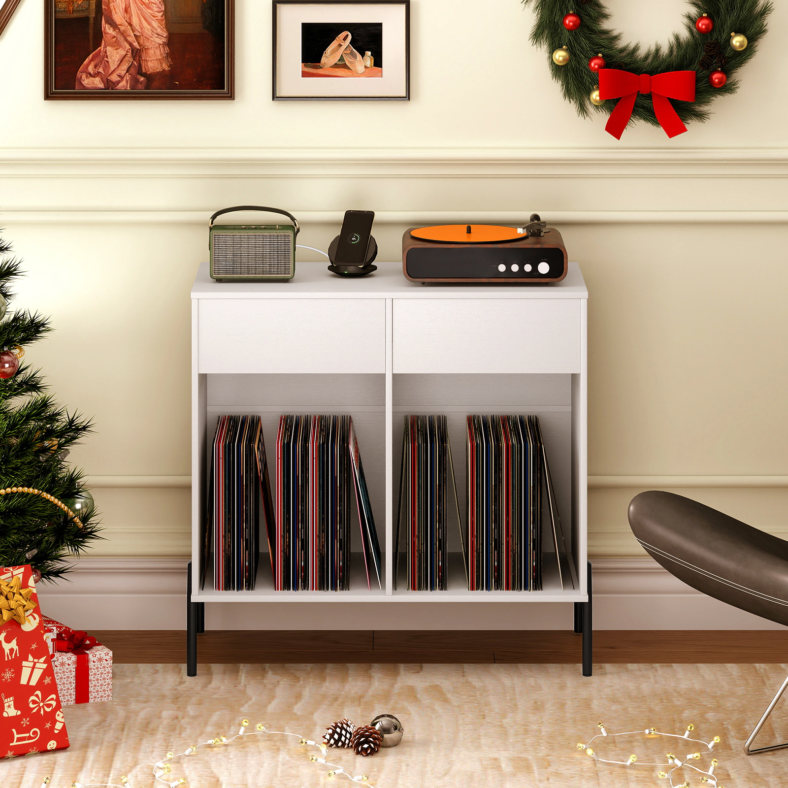 SUGIFT White Record Player Stand with Power Strip, USB Ports and Vinyl Storage