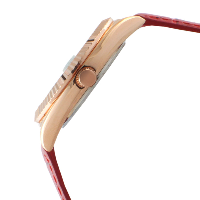 Peugeot Women 36mm Red Fluted Bezel Watch with Leather Strap - Mother of Pearl Dial