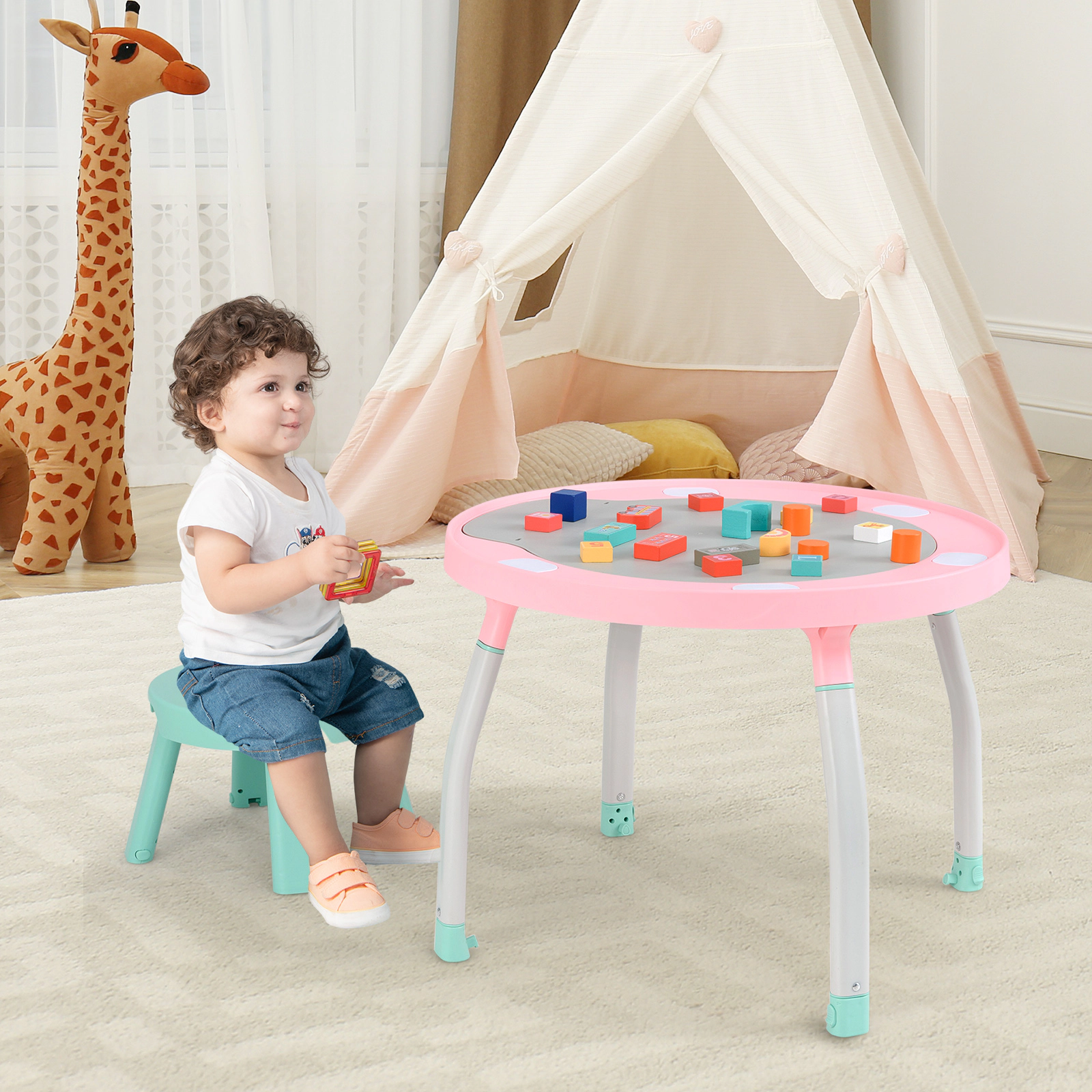 SUGIFT Pink Removable Toys and Study Desk 5-in-1 Baby Activity Center Bounce Seat