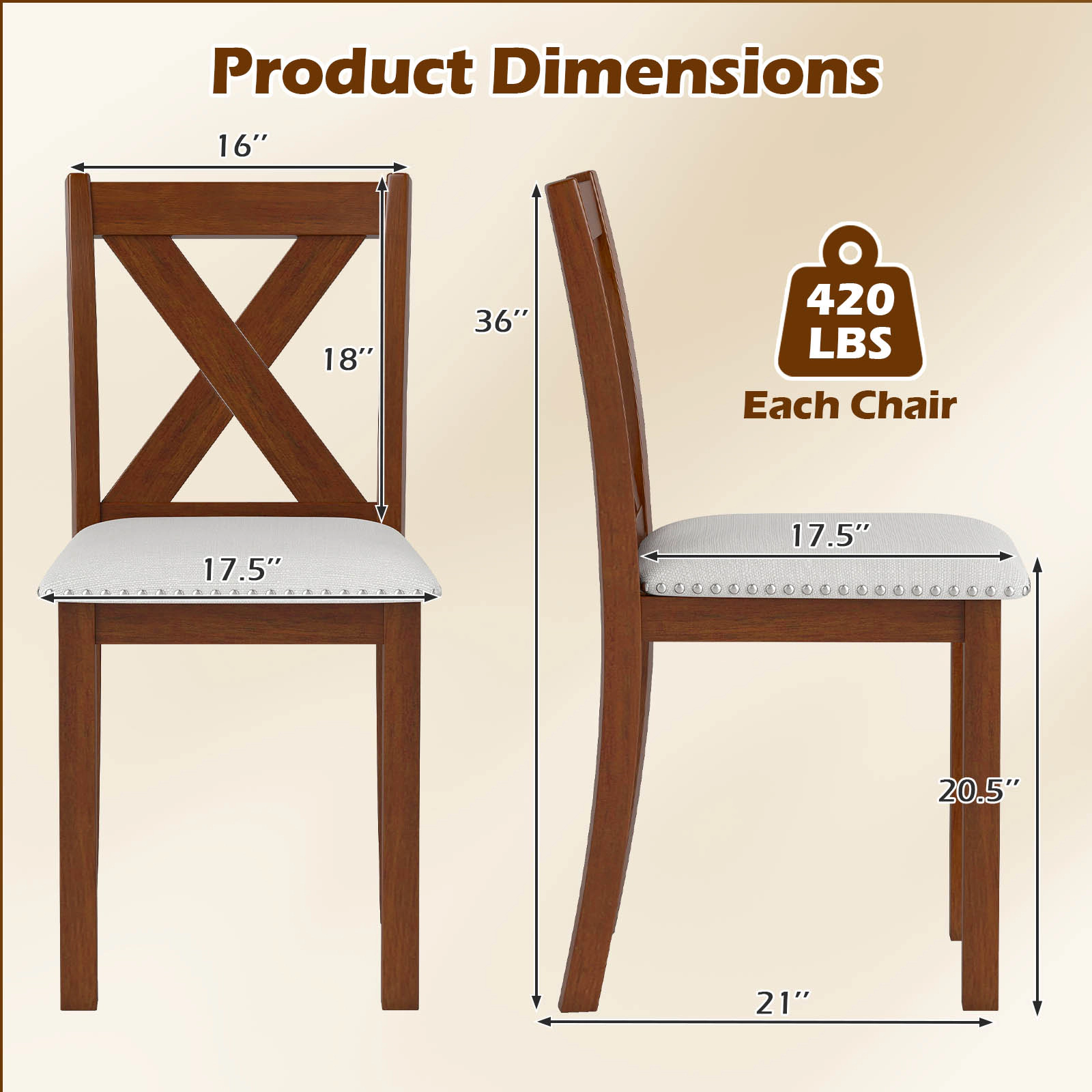 SUGIFT Wooden Dining Chair Set of 2 with Padded Seat and Curved X-Back 420-Lb Capacity Beige Brown