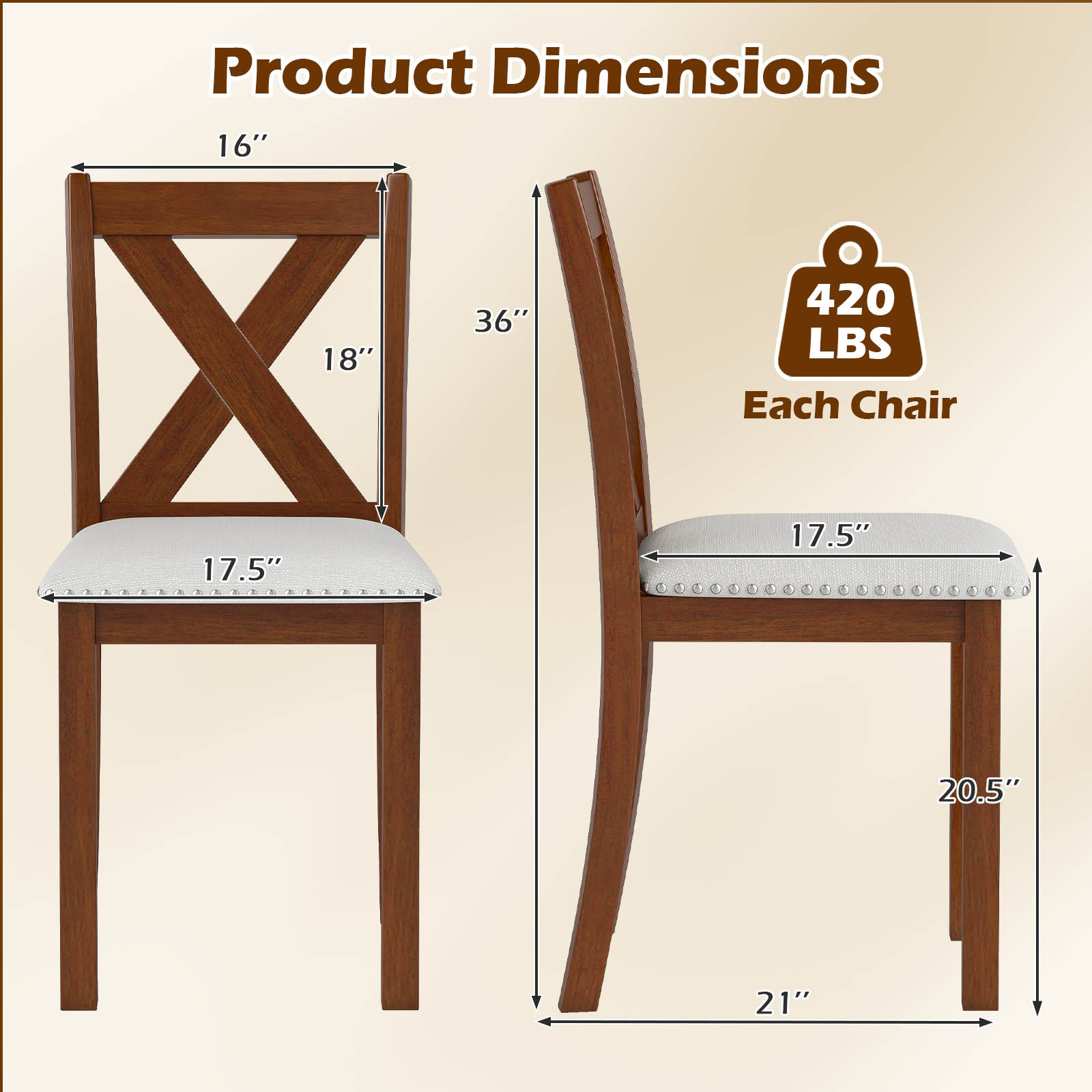 LJG Wooden Dining Chair Set of 2 with Padded Seat and Curved Back