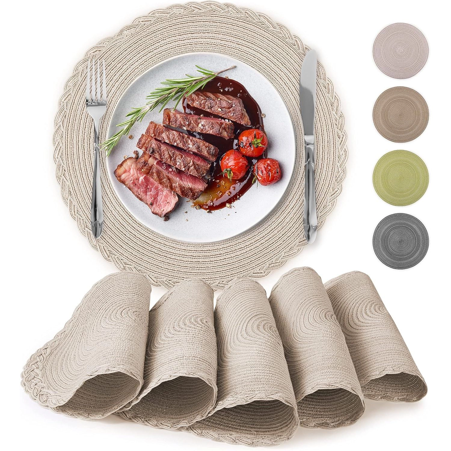 Zulay Kitchen 15 Inch Round Placemats for Dining Table Set of 6 - Braided & Anti-Skid Placemat
