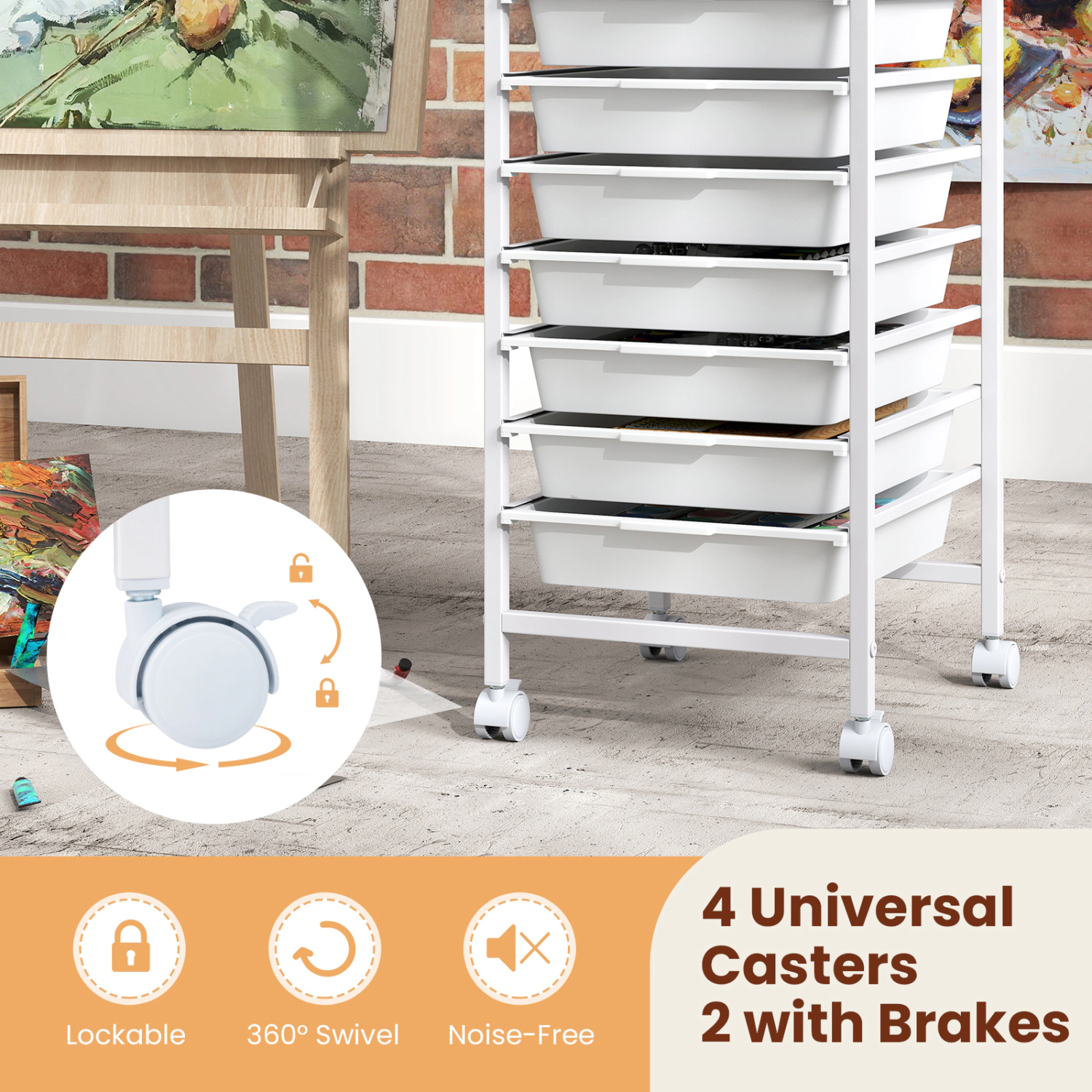 SUGIFT 10-Drawer Rolling Storage Cart White with Wooden Tabletop and Lockable Wheels