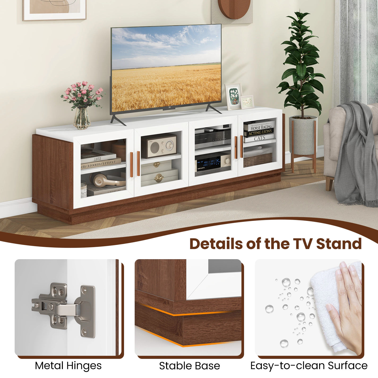 Glintex 70-Inch TV Stand with 4 Glass Doors for TVs up to 75 Inches, Brown + White