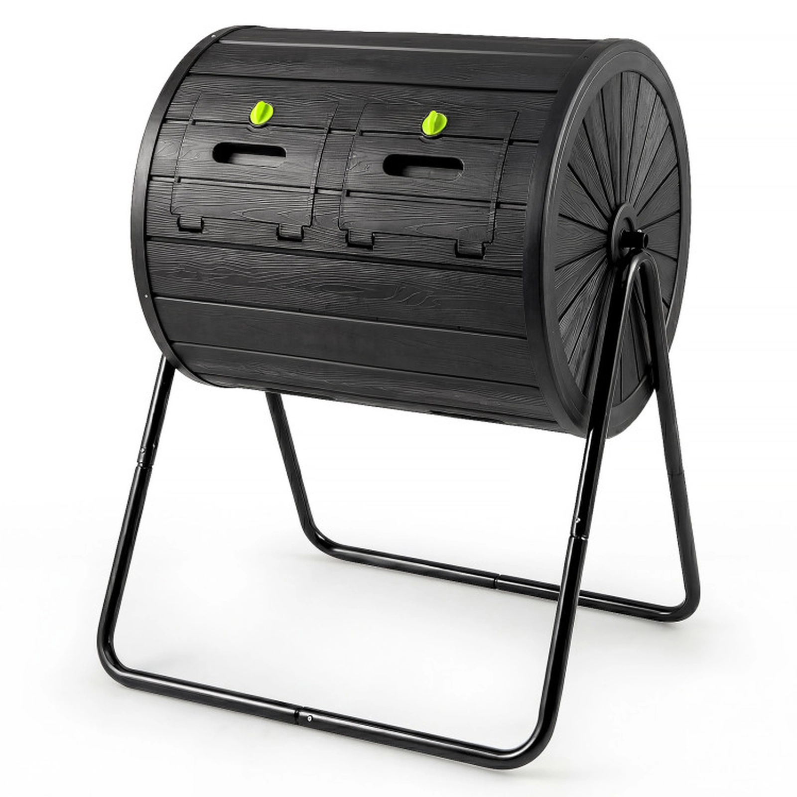 SUGIFT 37.5-gal Black Dual Chamber Outdoor Composter Tumbler with 2 Lockable Doors and Wood Grain