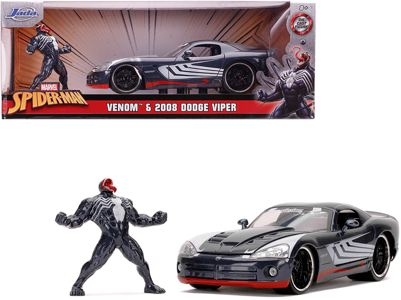 Jada Collectible 2008 Dodge Viper Srt10 Dark Gray With Venom Diecast Figurine "Spider-Man" "Marvel" Series 1/24