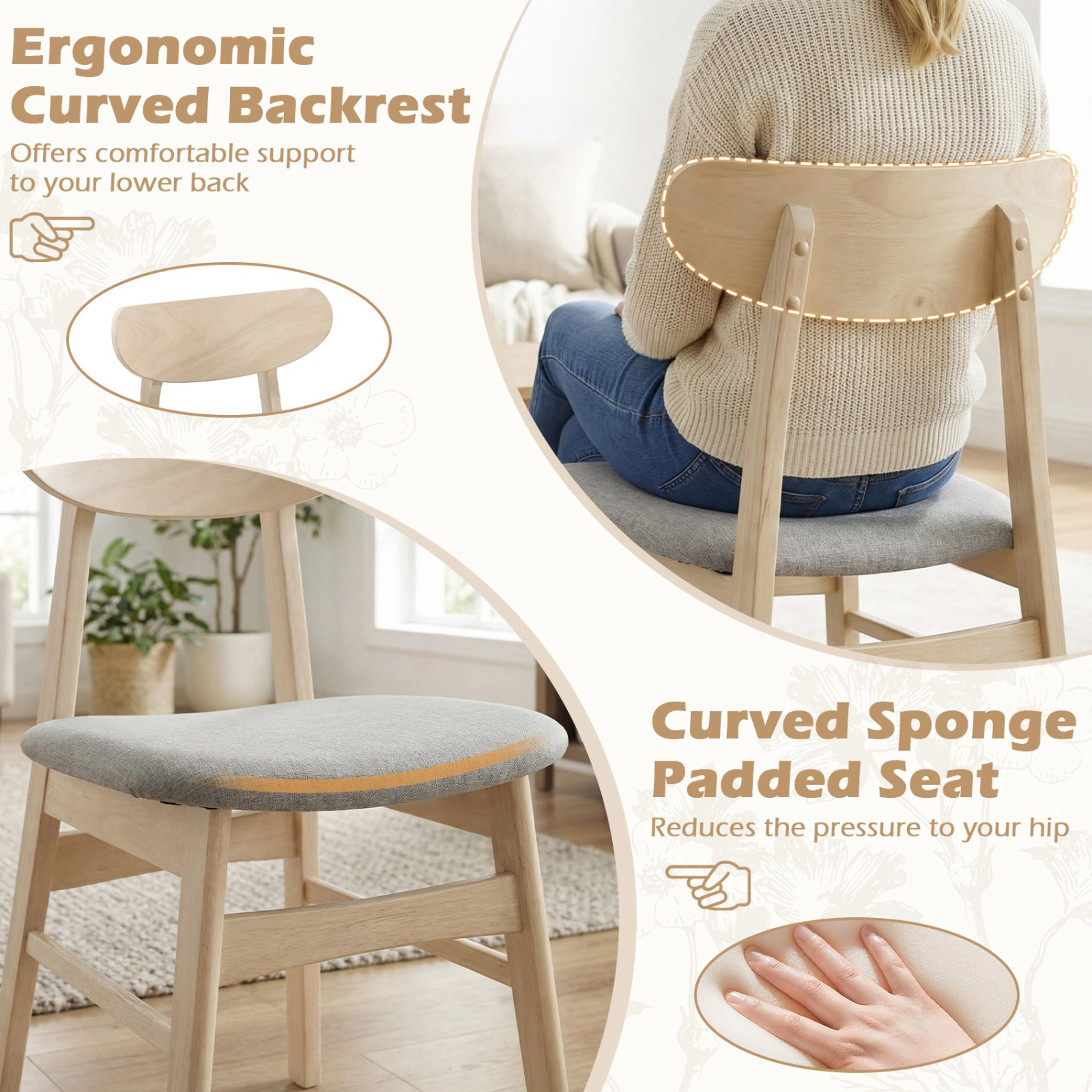 SUGIFT Set of 2 Natural Upholstered Armless Dining Chairs with Ergonomic Curved Seat and Backrest