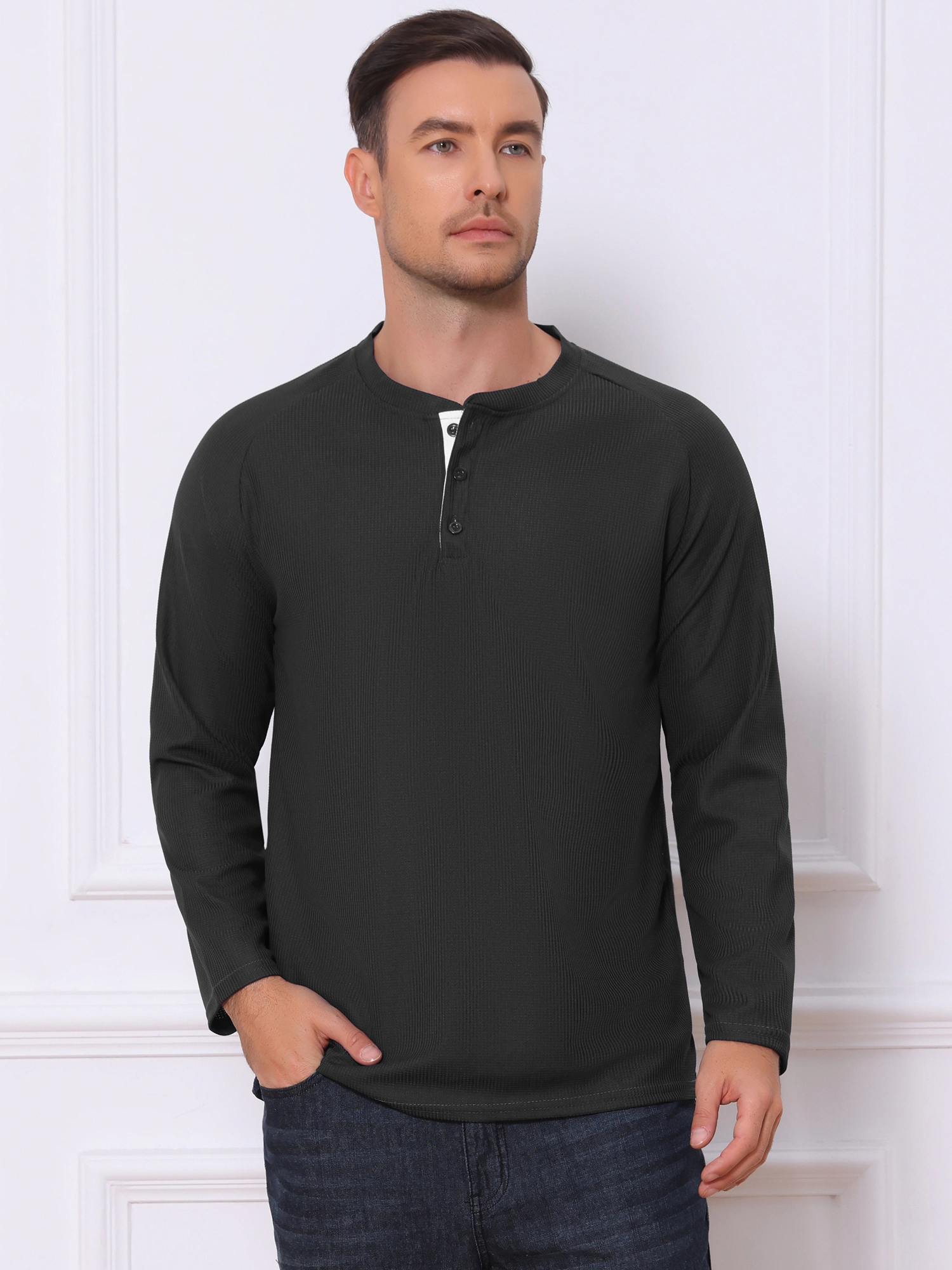 NSPIRE CHIC Men's Long Sleeve Solid Pullover Basic Henley Shirt