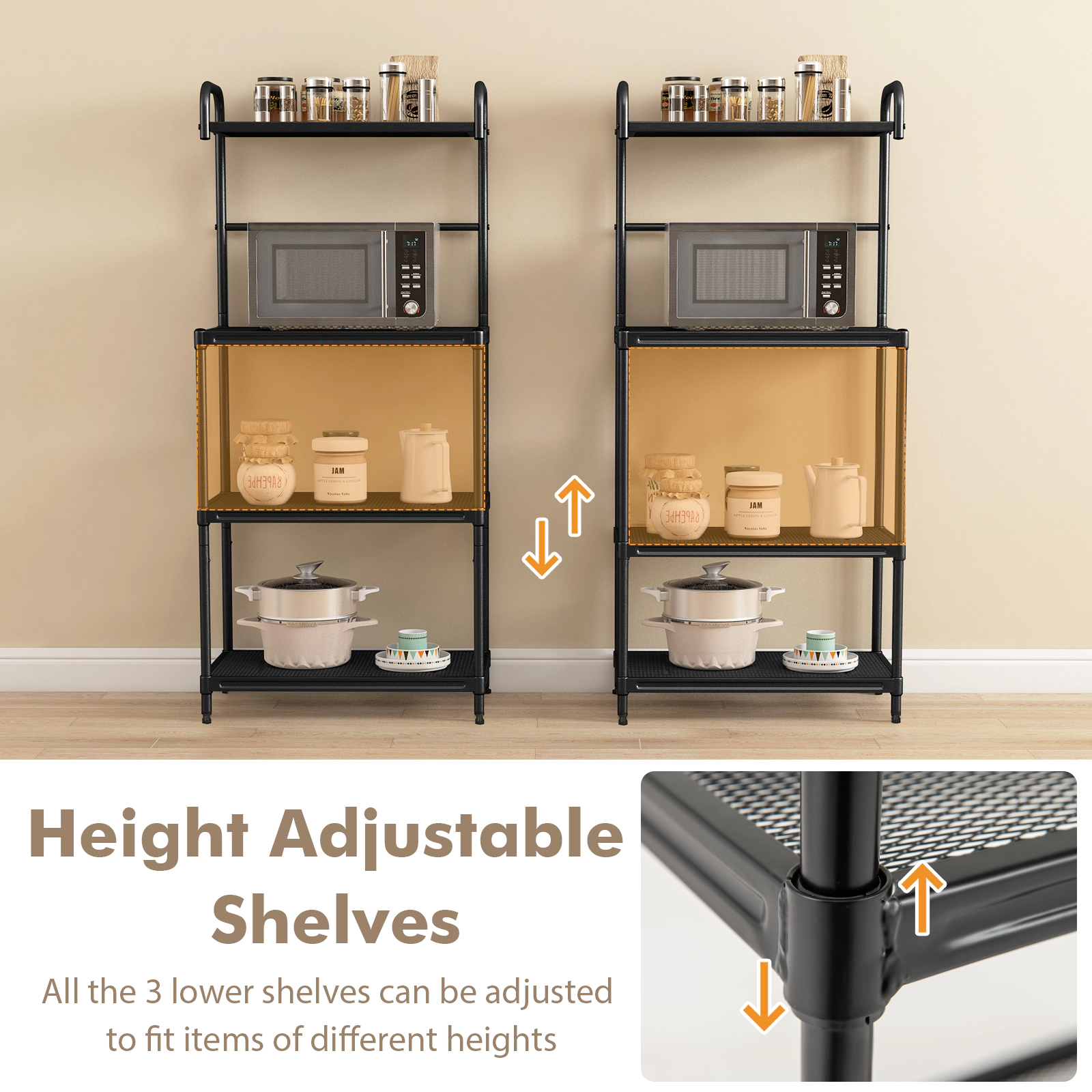 SUGIFT 4-Tier Black 53.5-in Tall Kitchen Microwave Storage Rack Floor Standing Metal Shelf Unit