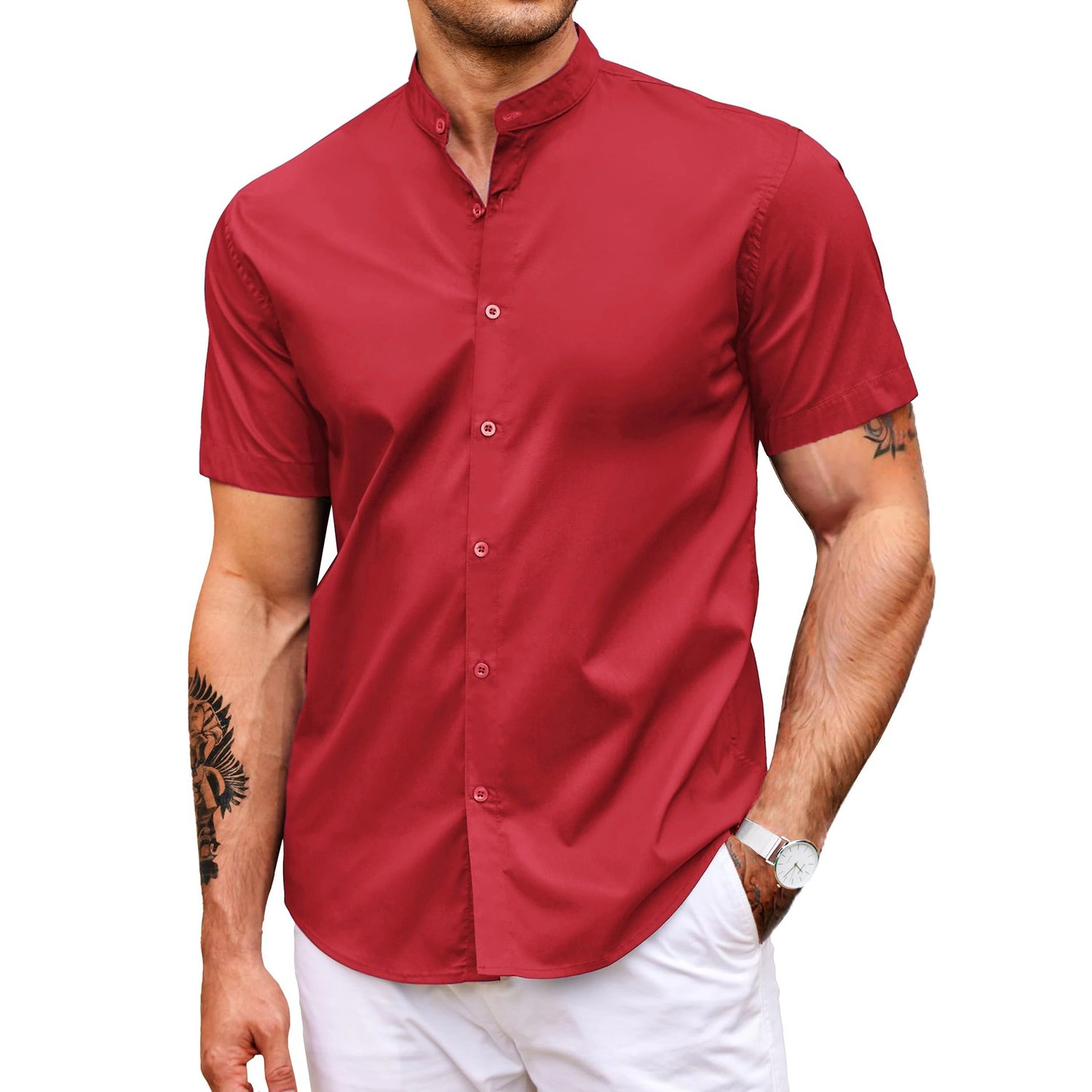 COOFANDY Mens Short Sleeve Mandarin Collar Shirts  Button Down Casual Tops