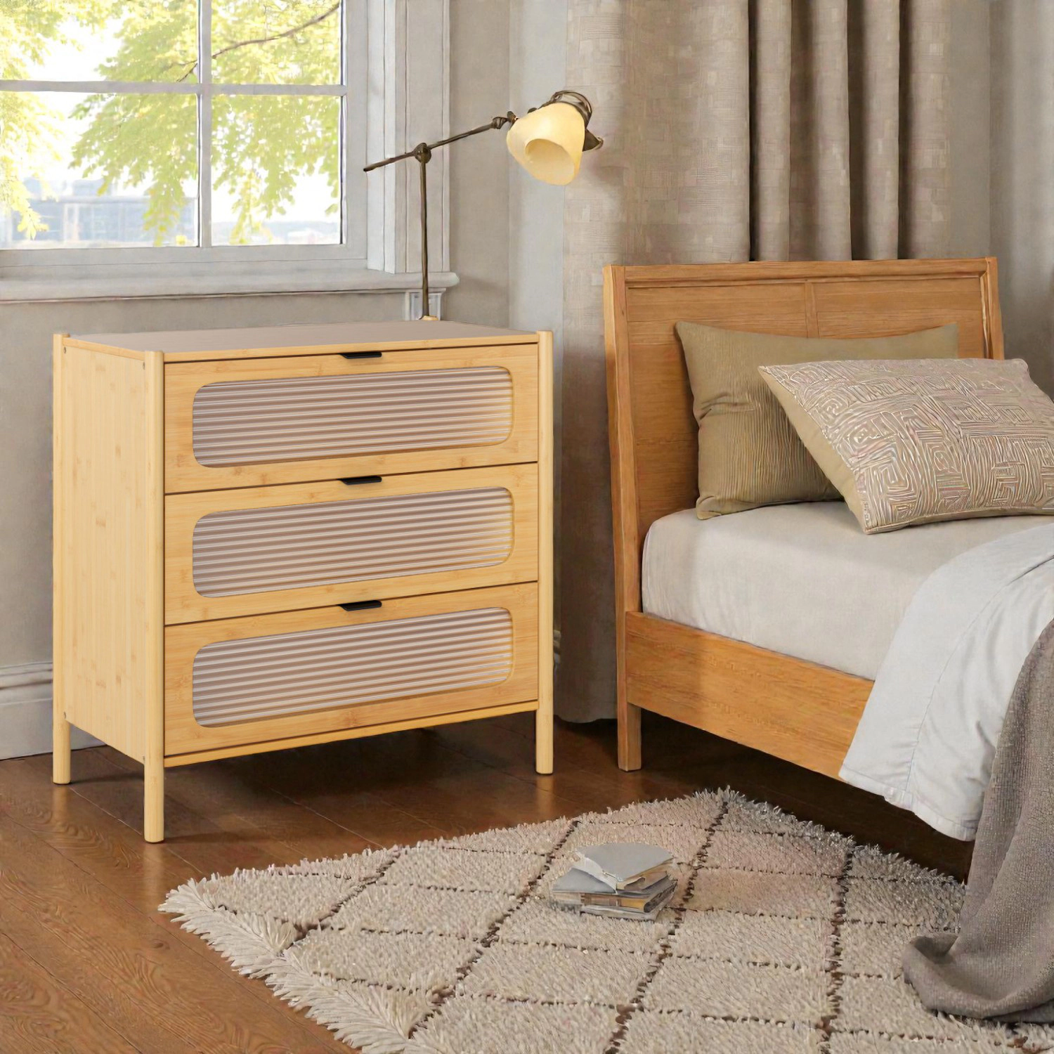 Hivvago Retro-Inspired 3-Drawer Dresser with Grooved Tempered Glass Front