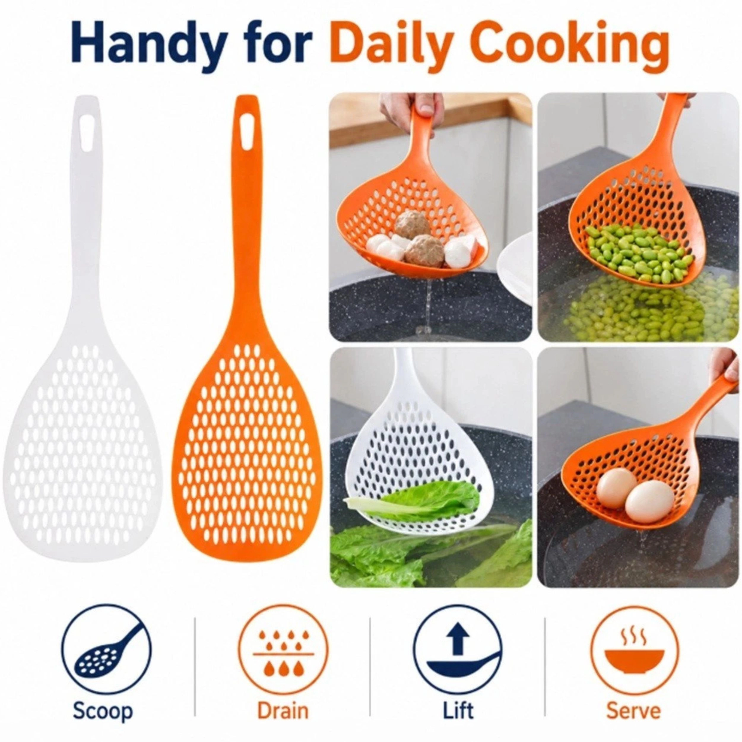 Home Collection Pack of 2 Scoop Colander Strainer Long Handle Kitchen Drain Spoon
