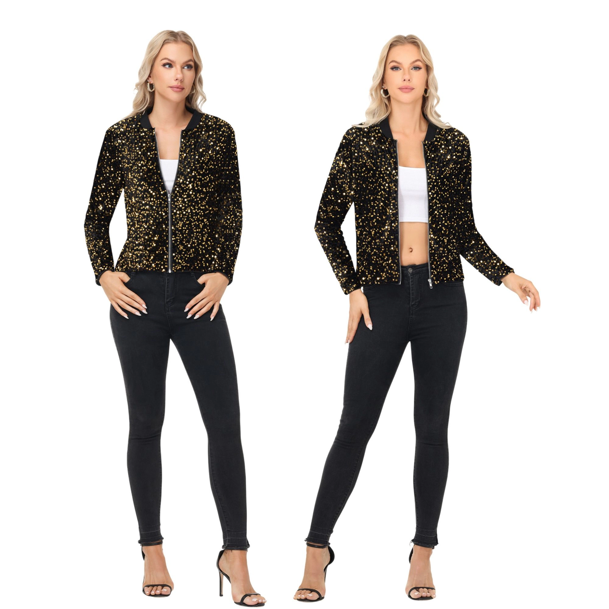 Anna-Kaci Women's Sequin Bomber Jacket with Front Zipper Closure and Ribbed Trim