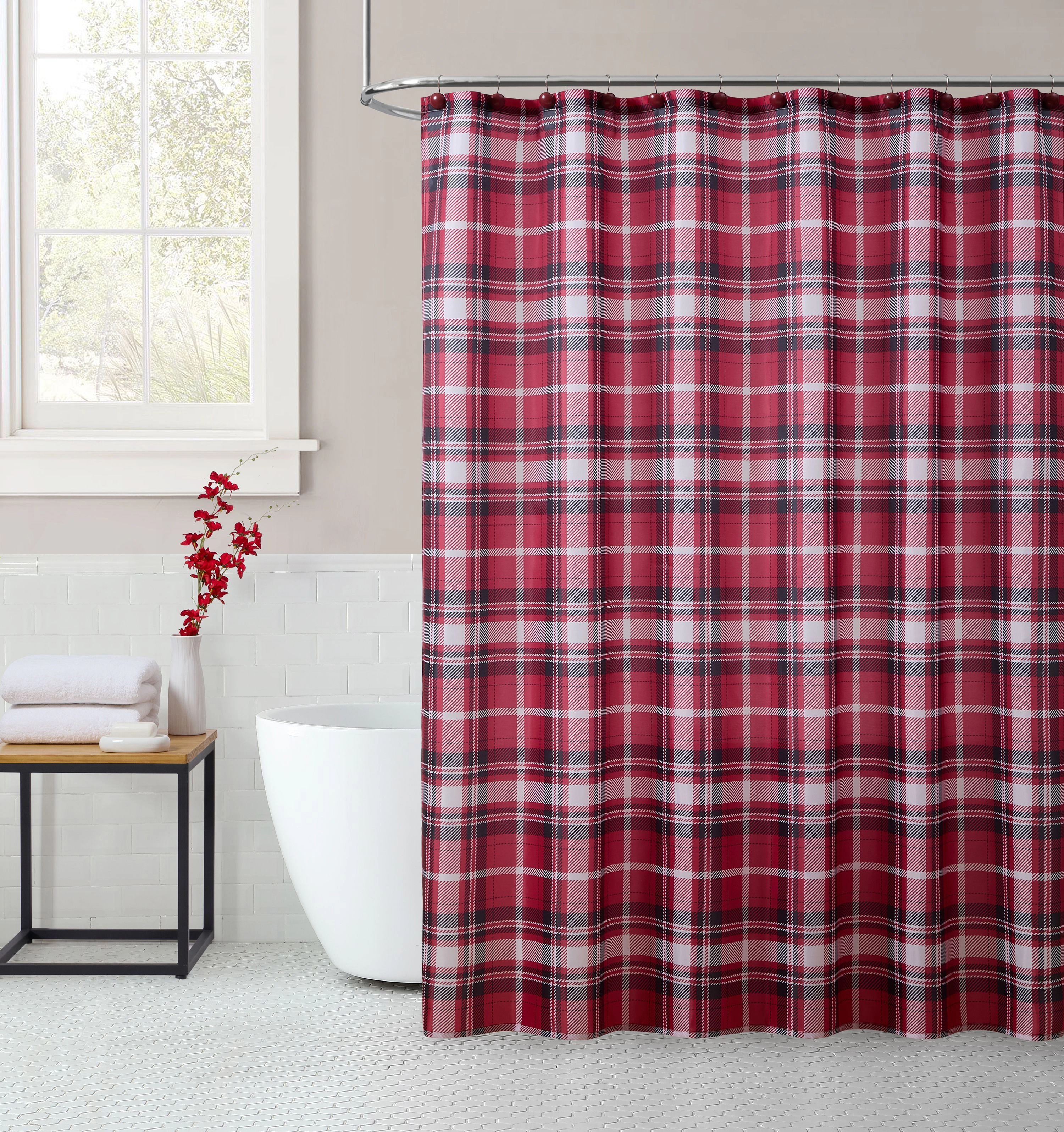 Kate Aurora Tis' The Season Holiday Christmas Plaid Fabric Shower Curtain With 12 Matching Hooks