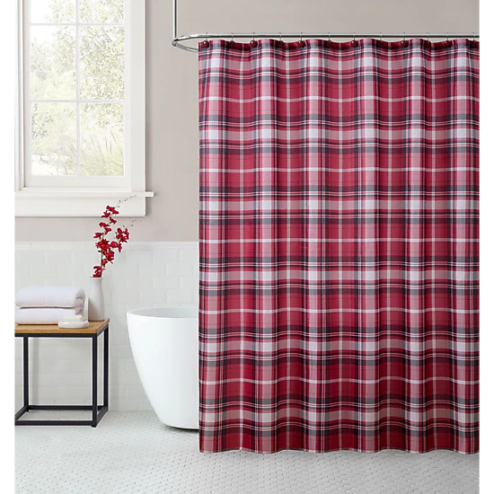 Kate Aurora Tis' The Season Holiday Christmas Plaid Fabric Shower Curtain With 12 Matching Hooks