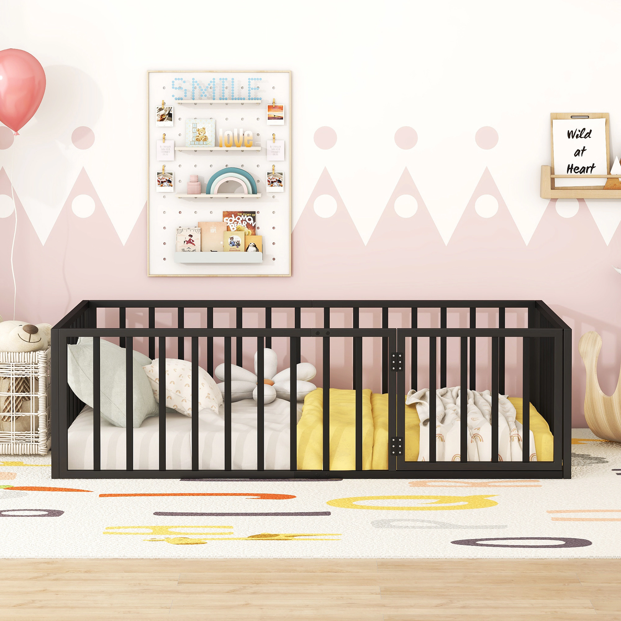Flynama Twin Metal Floor Bed Frame with Fence & Door, Black