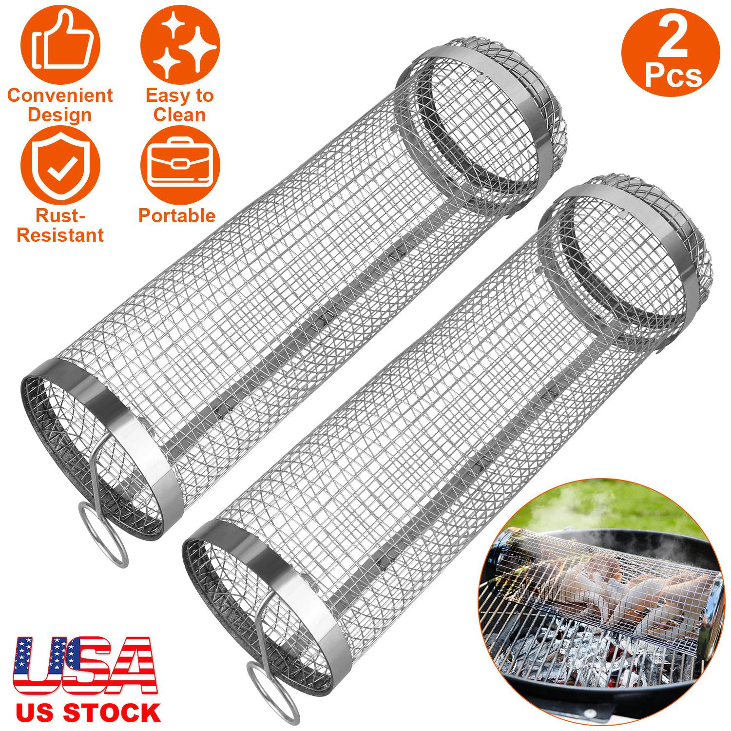 GBruno 2-Pc Stainless Steel BBQ Rolling Basket