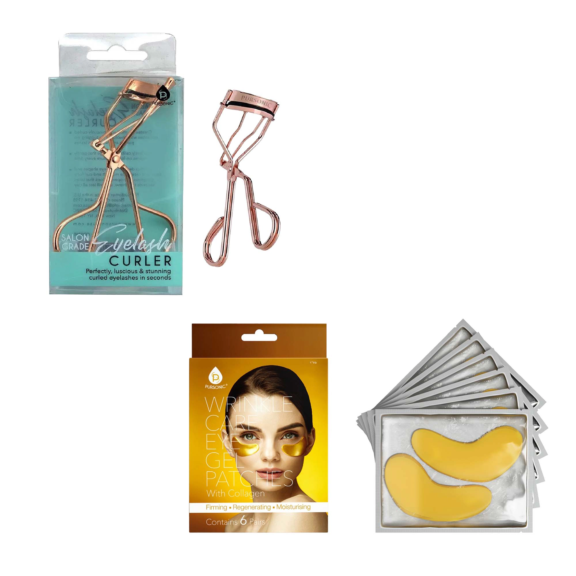 Pursonic Unisex Eye Care & Beauty Bundle: Wrinkle Care Eye Gel Patches + Salon Grade Eyelash Curler