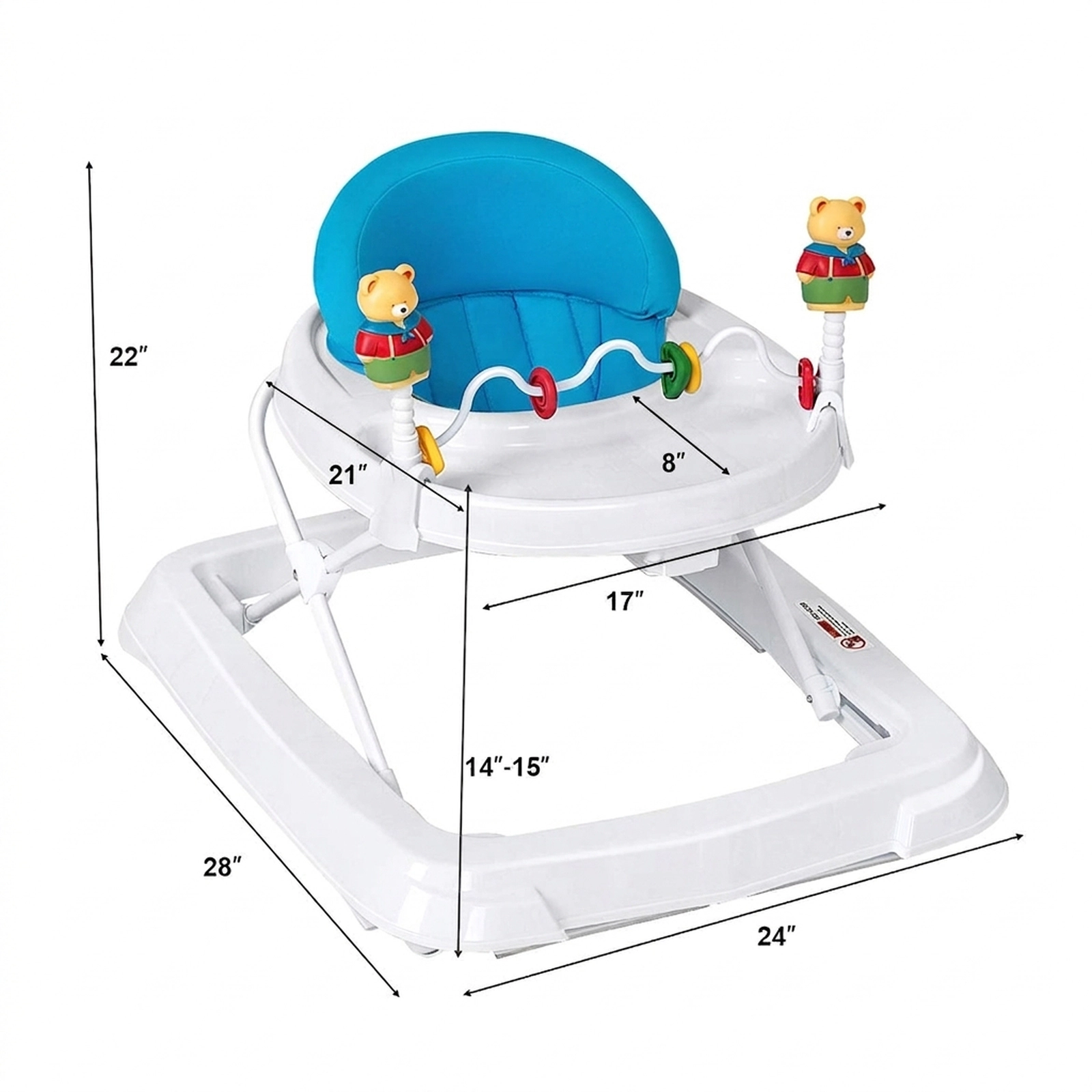Adjustable Height Folding Baby Walker with Safety Belt 6 Non-Slip Pads Large Bottom Bumper Blue