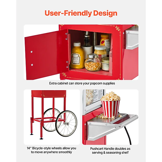 HONGGE Popcorn Machine with Cart 8oz Stainless Steel Kettle 800W Commercial Popcorn Maker 48 Cups per Batch Theater