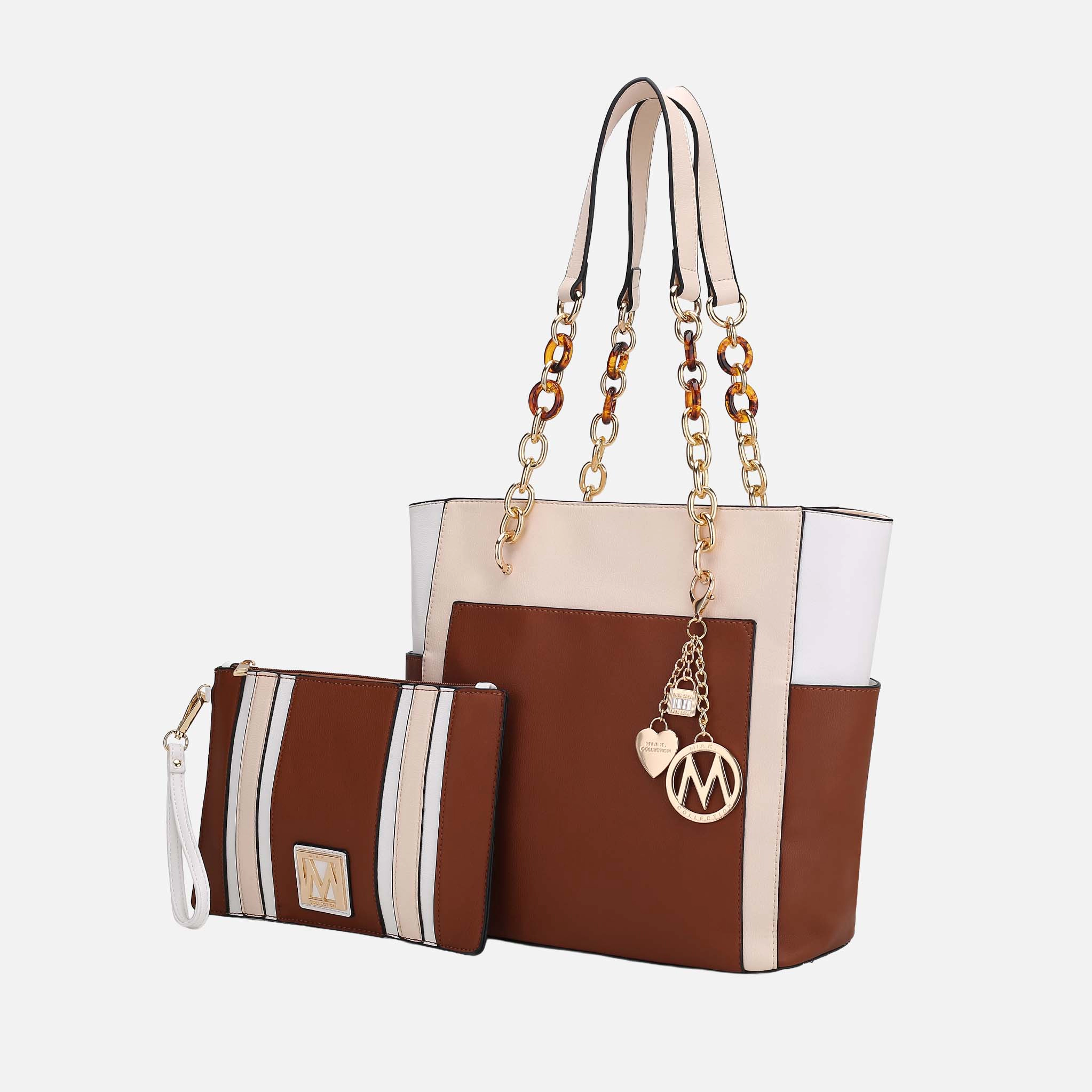 MKF Collection Rochelle Colorblock Tote with Wristlet, Vegan Leather Handbag Set