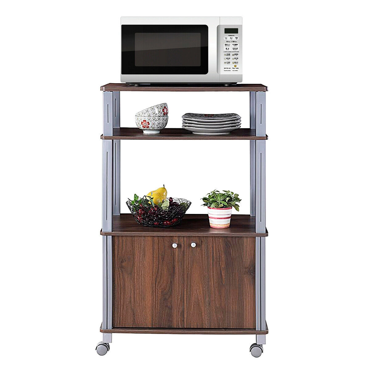 SUGIFT Microwave Rack Stand Walnut Rolling Storage Cart with 2-Door Cabinet