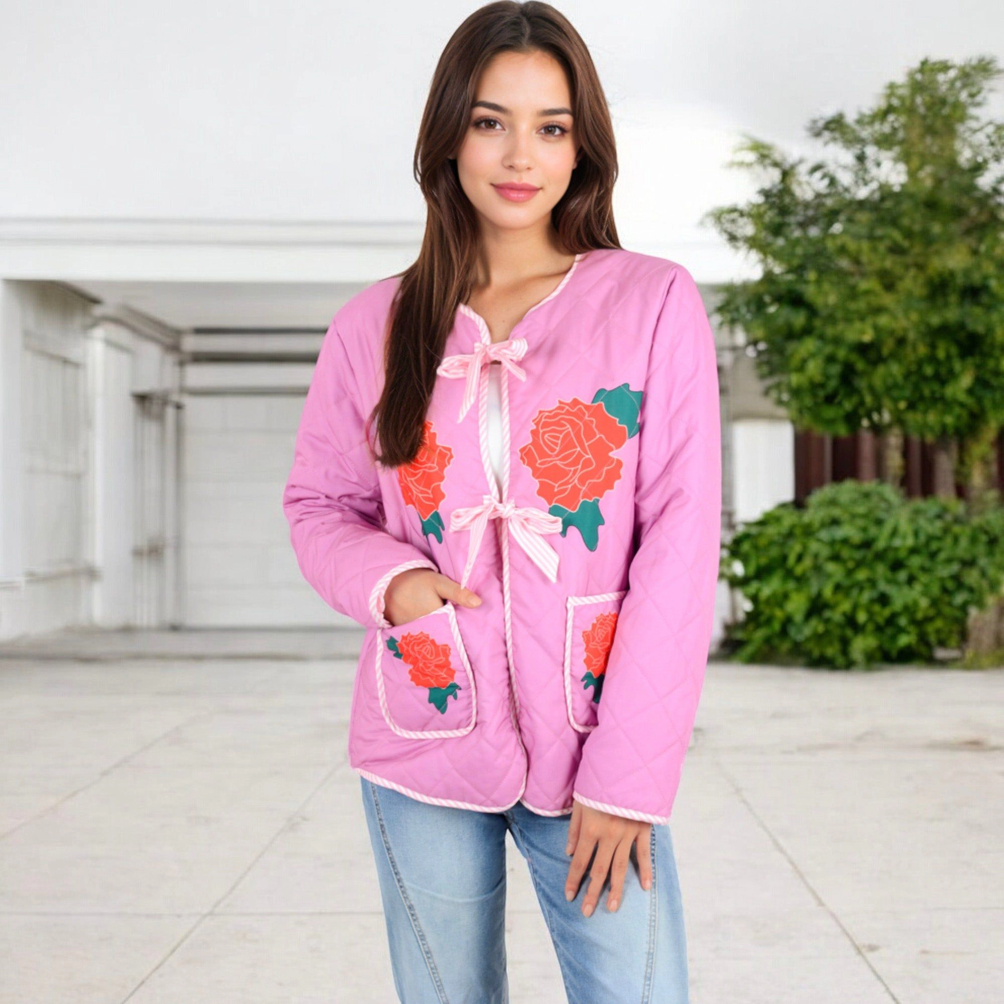 Anna-Kaci Women's Quilted Floral Embroidered Jacket with Bow Tie Front and Patch Pockets