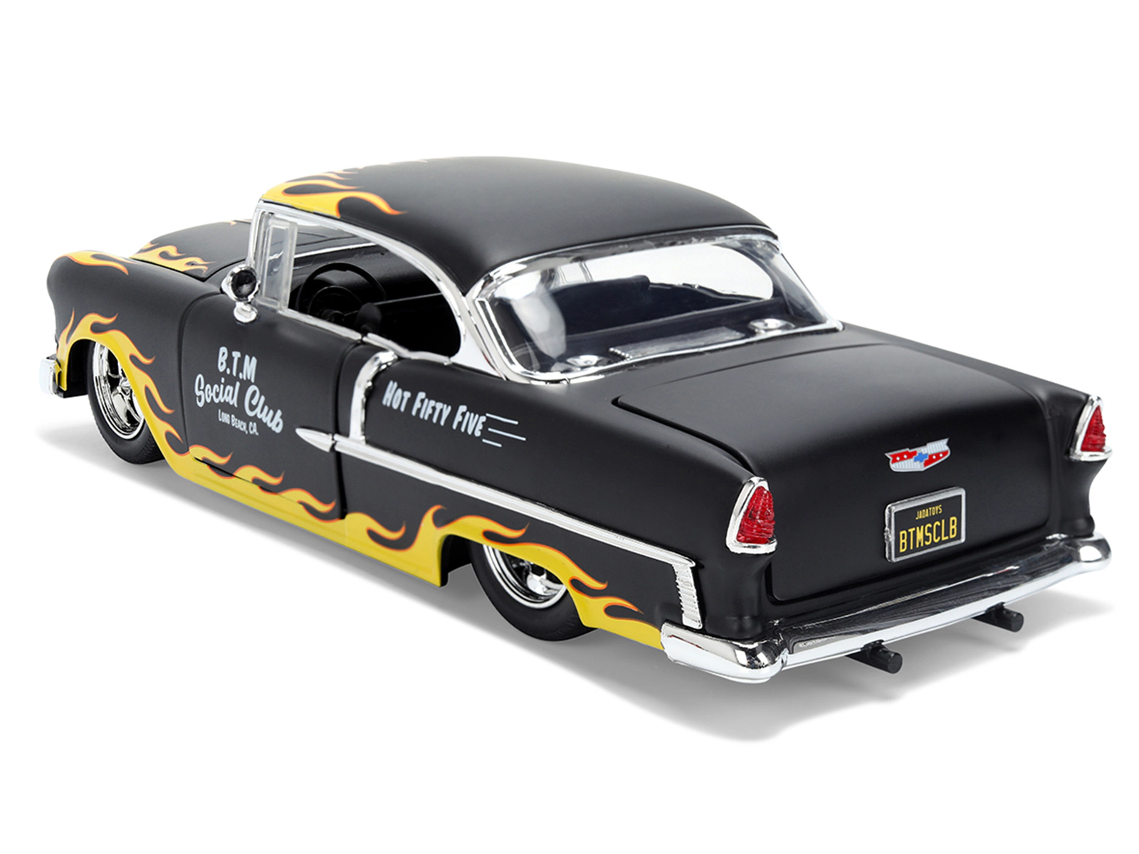 Jada 1955 Chevrolet Bel Air "BTM Social Club" Matt Black with Flames "Bigtime Muscle" Series 1/24 Diecast