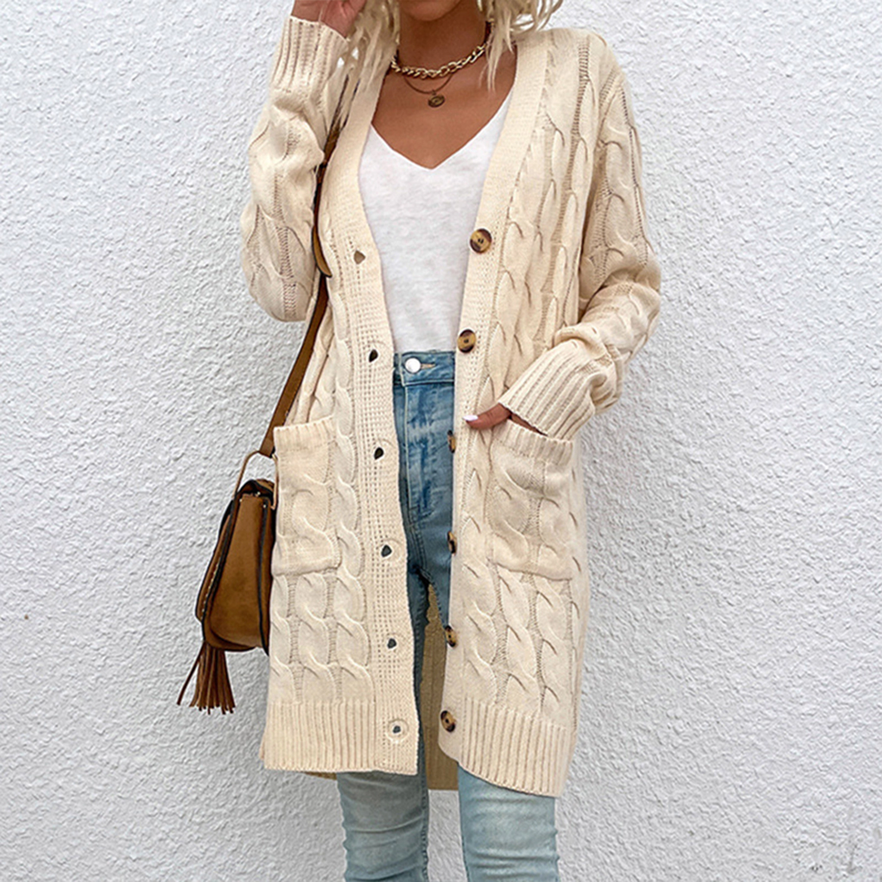 YesFashion Womens V Neck Button Down Long Cardigan Open Front Loose Cable Knit Sweater with Pocket