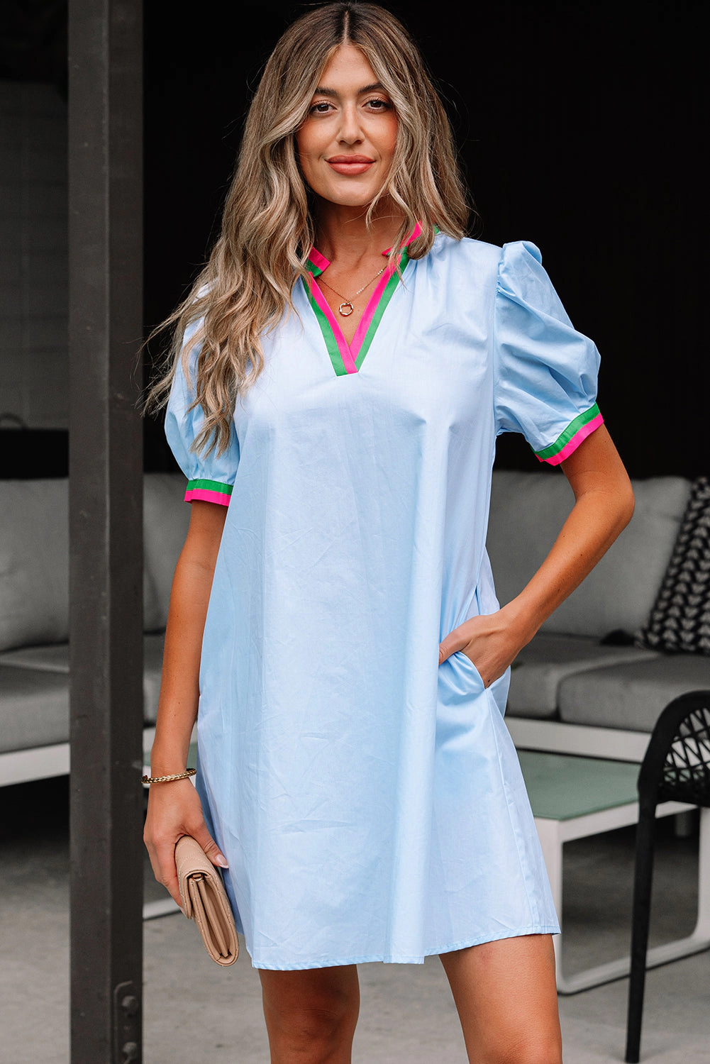 Threaded Pear Women's Lily Striped Notched V Neck Puff Sleeve Mini Dress