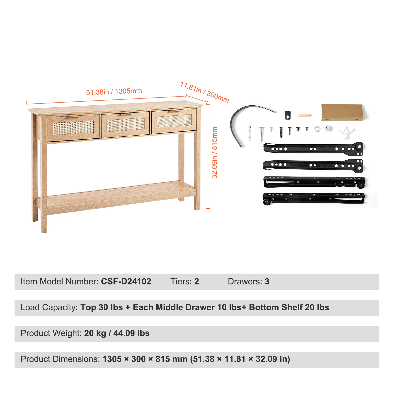 HONGGE Natural Rattan Console Table with 3 Storage Drawers, Narrow Entryway Table for Living Room, Study, TV Wall