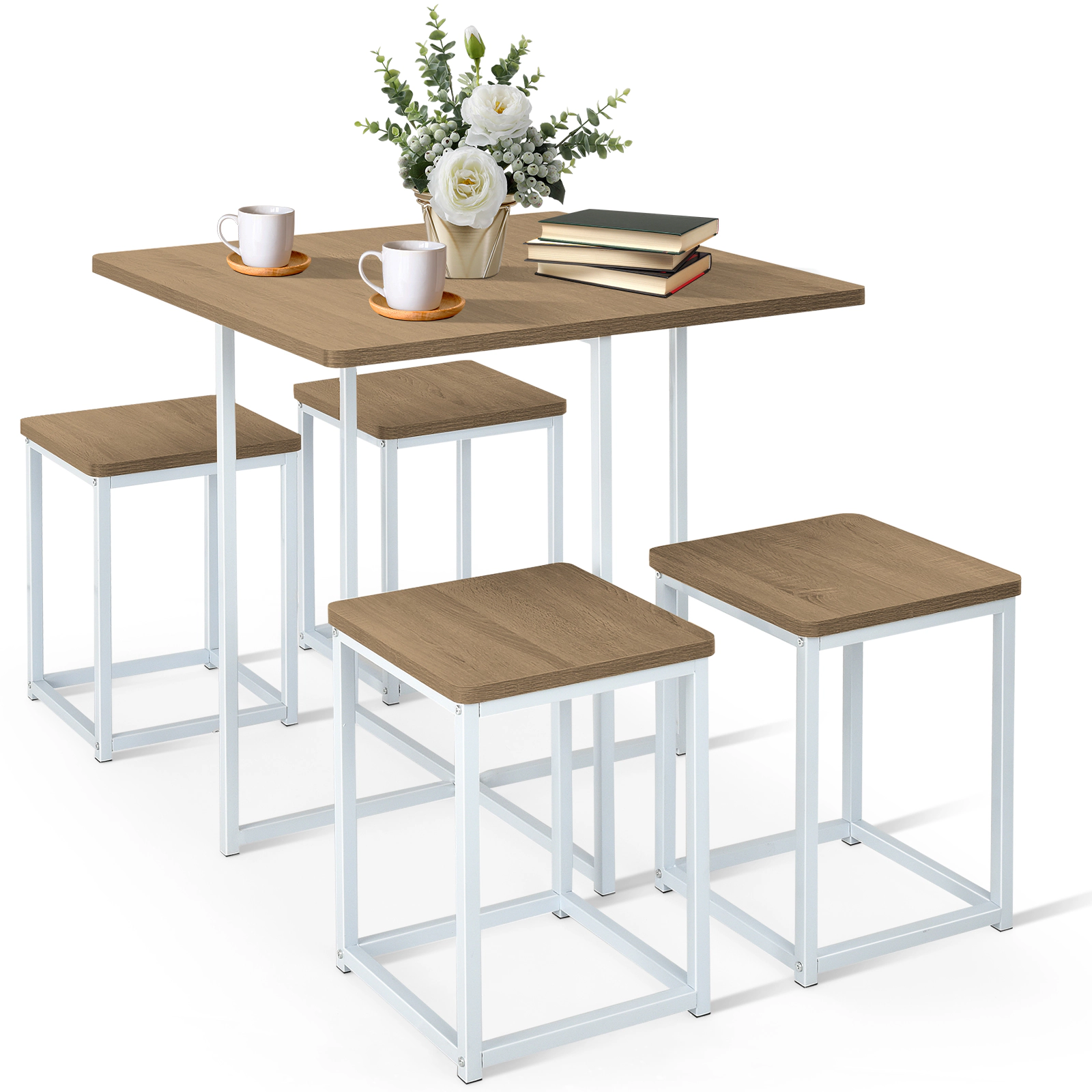 LJG 5 Pieces Metal Frame Dining Set with Compact Table and 4 Stools