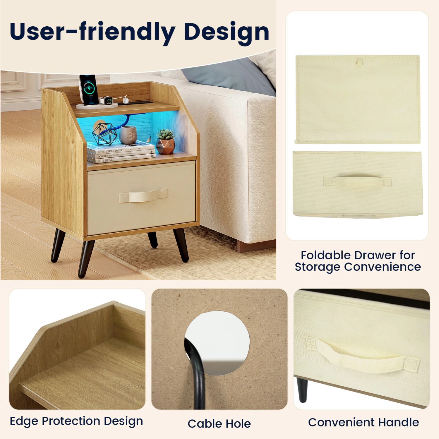 LJG Set of 2 Nightstands with LED Lights and Power Outlets for Living Room