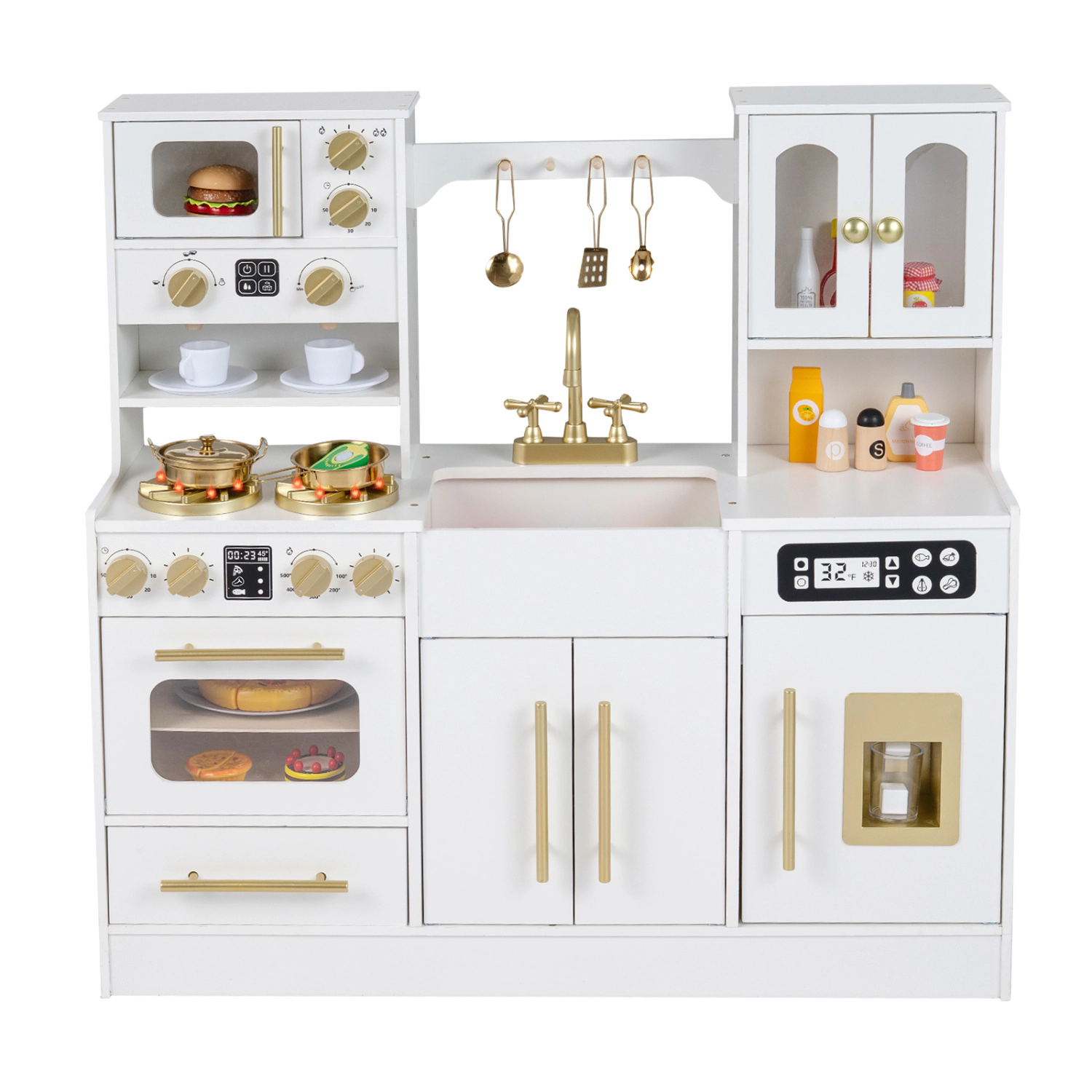 LJG Wooden Kids Kitchen Playset with Realistic Lights and Sounds