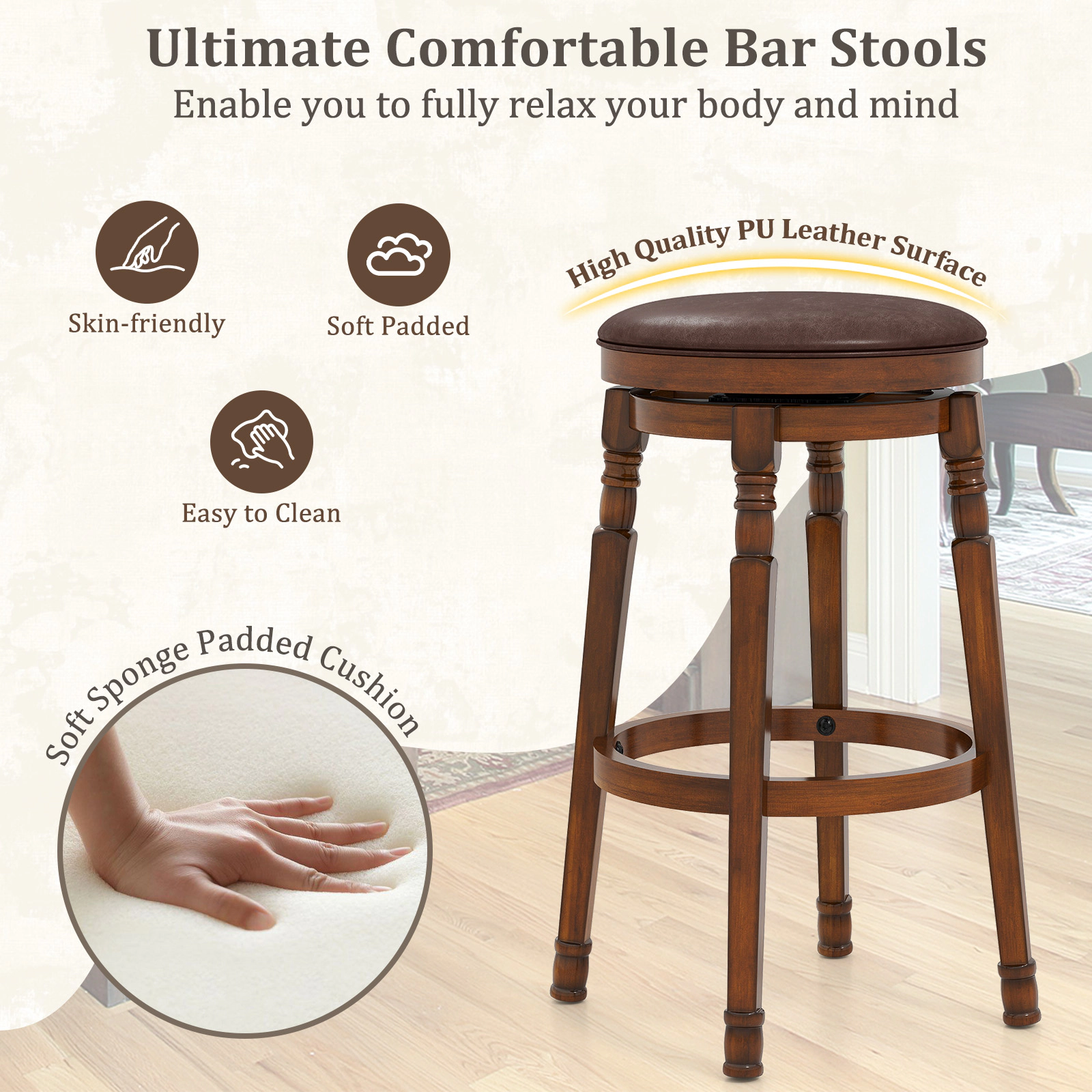 SUGIFT Set of 2 Walnut 29-in PU Leather Padded Swivel Bar Stools with Ultra-Wide Seat Base and Footrest