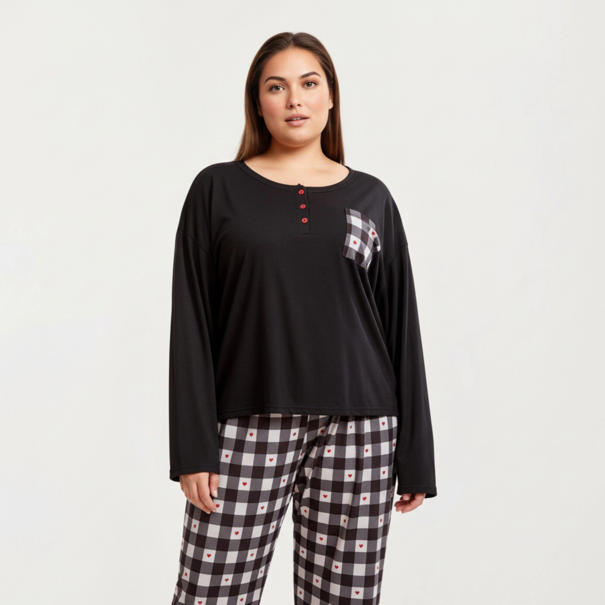 Anna-Kaci Women's 2-Piece Long Sleeve Henley Top and Plaid Pajama Pants with Soft Stretch Fabric Chest Pocket Detail