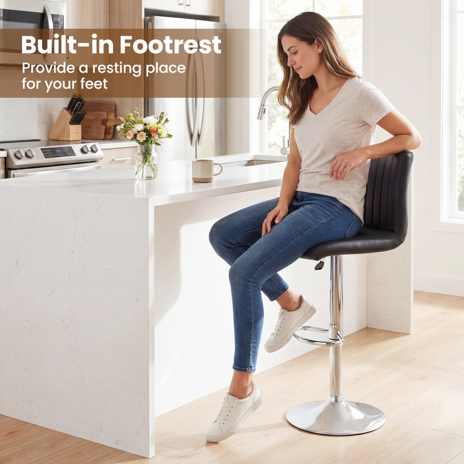 Glintex 2-Piece Adjustable Swivel Bar Stool Set with Vertical Striped Back, Black