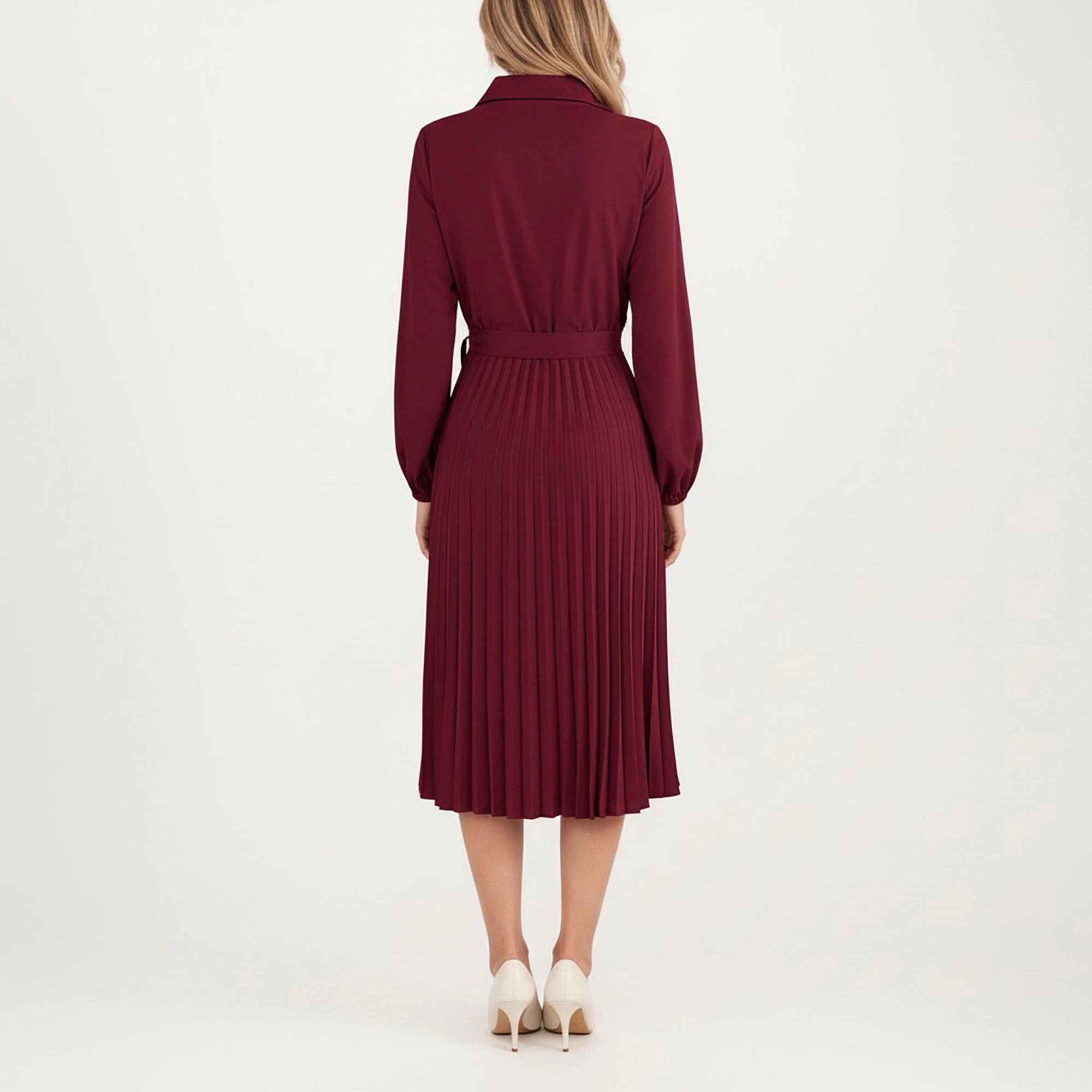 Anna-Kaci Women's Pleated Button Down Front Long Sleeve Waist Tie Midi Dress